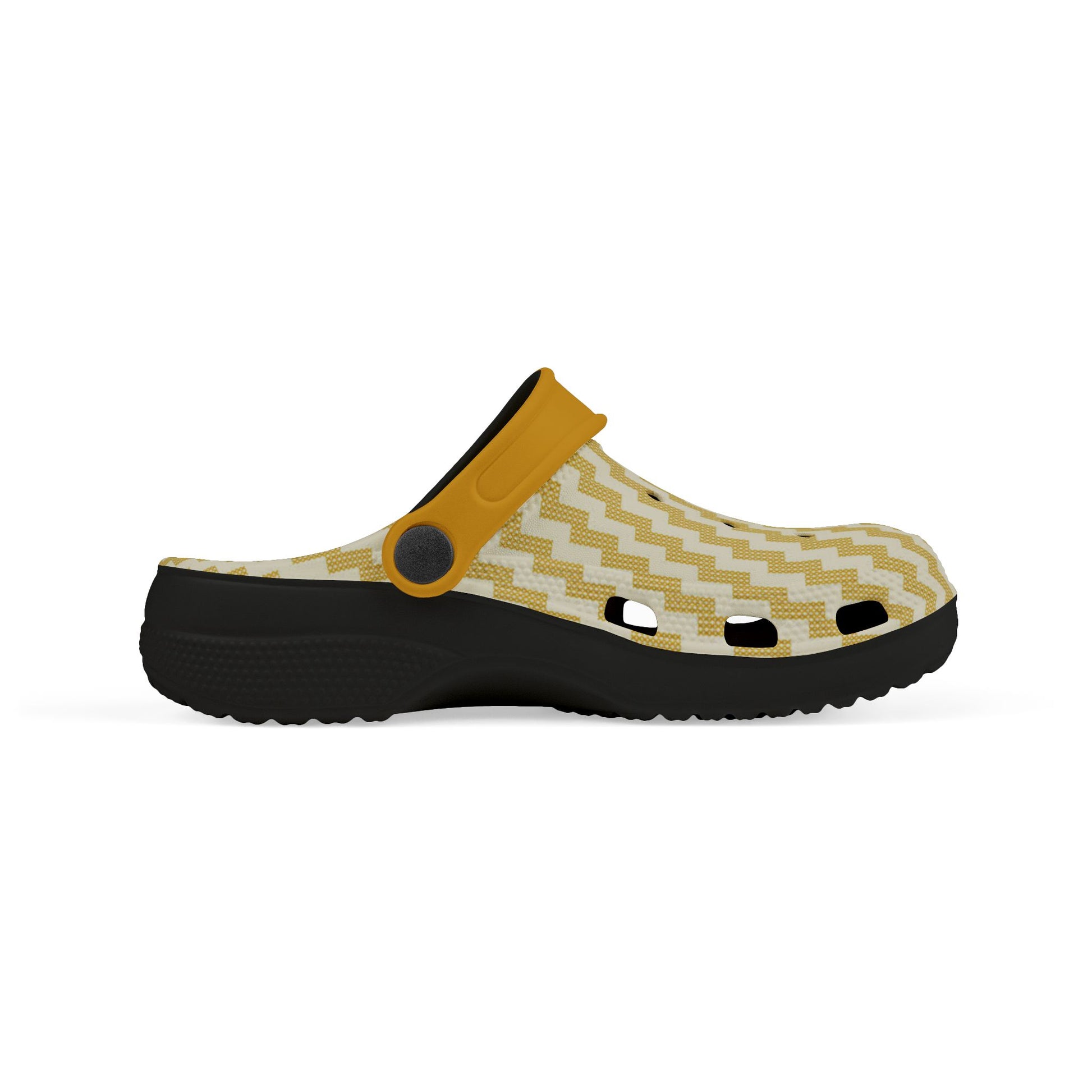 Side view mustard and chevron clog with black sole, slip-on strap and holes