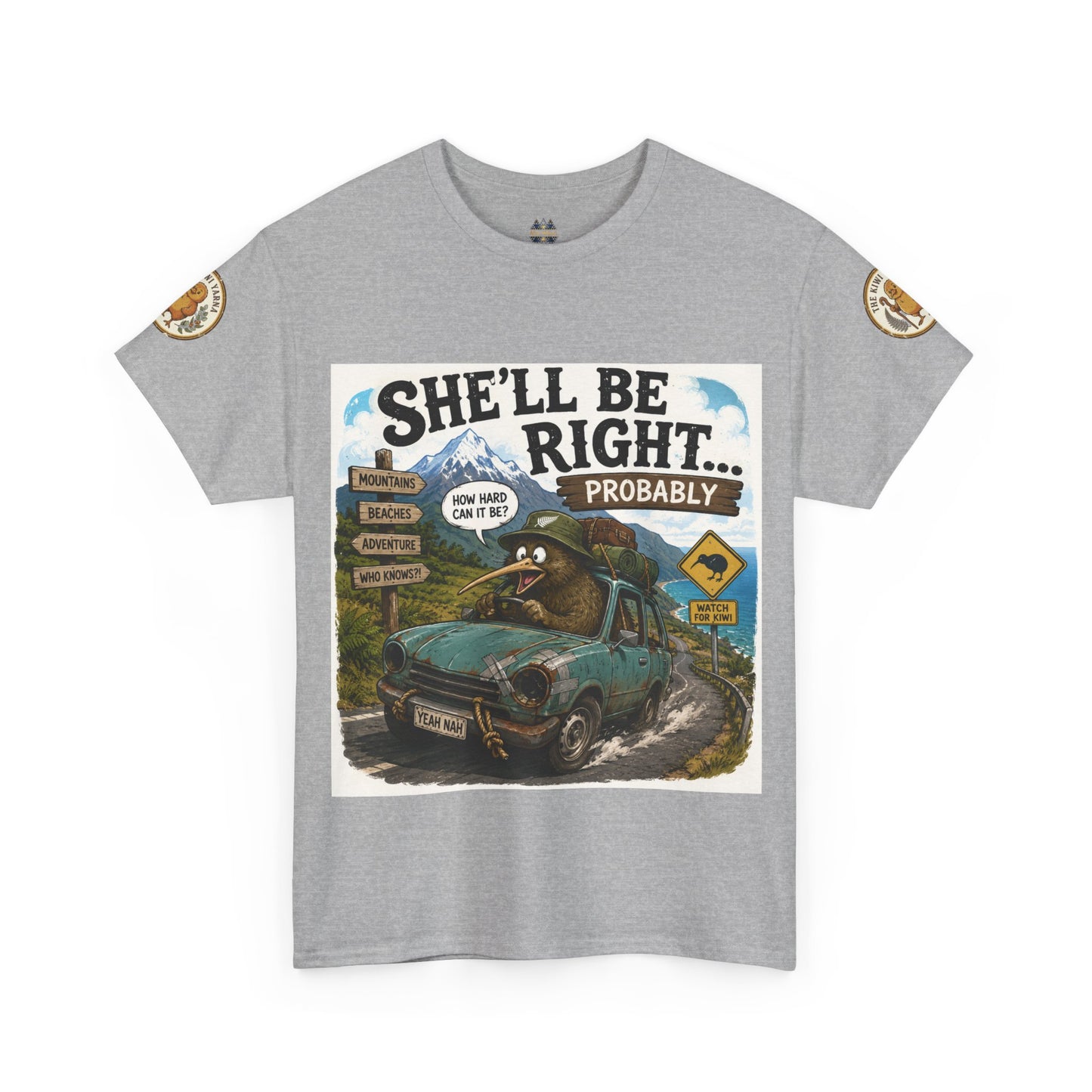 Heather gray graphic T-shirt with front print and round sleeve logo patches.