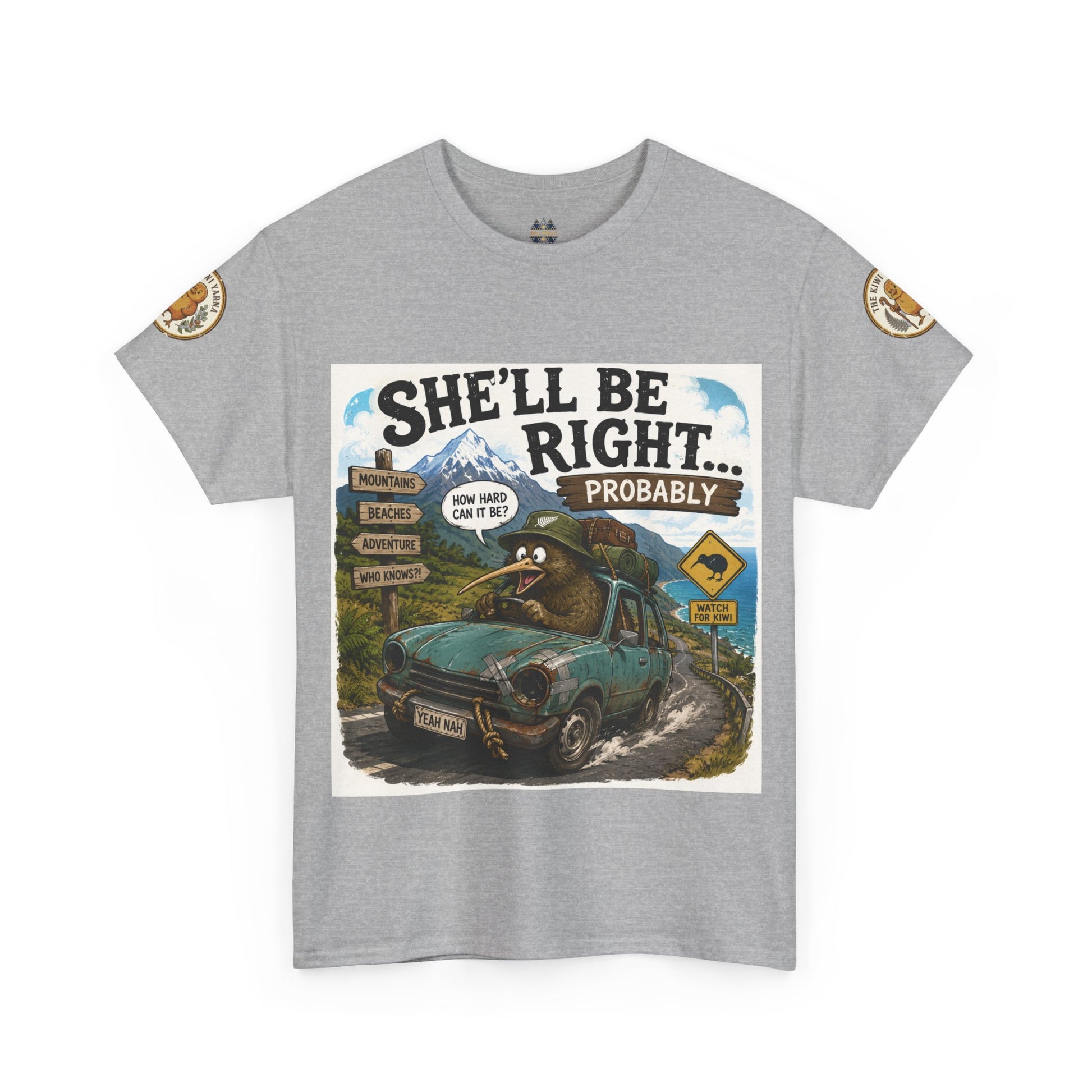 Heather gray graphic T-shirt with front print and round sleeve logo patches.