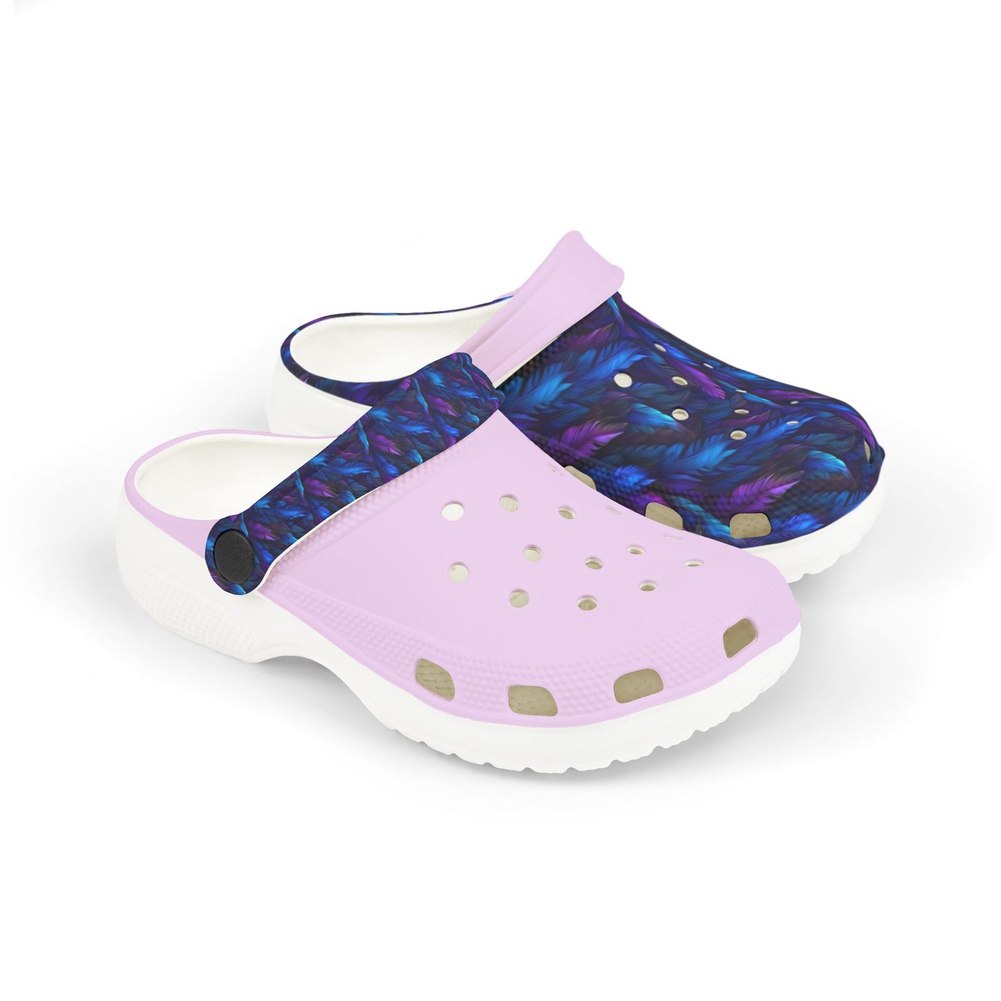 Slip-on clog with lavender upper and dark blue pattern, white outsole, perforated toe holes