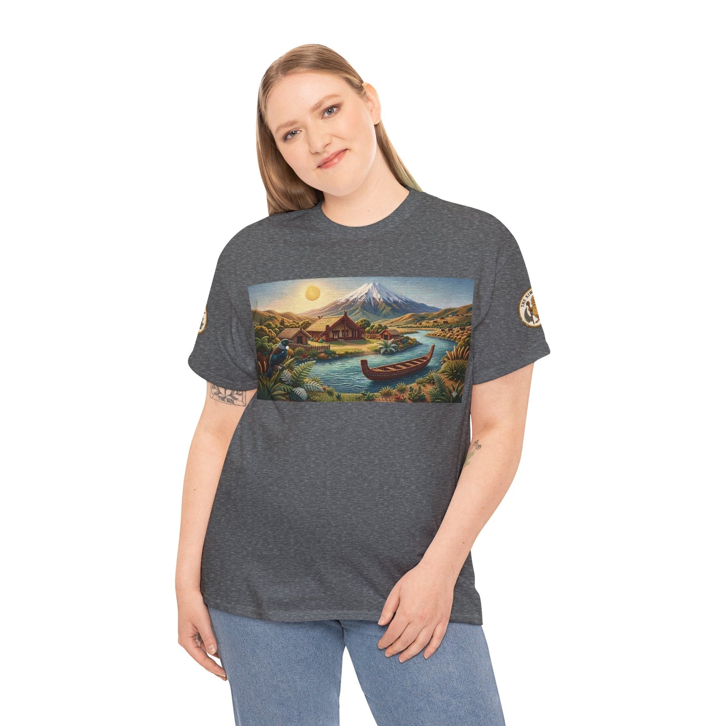 Dark gray crew-neck short-sleeve T-shirt worn by model with front scenic canoe graphic.