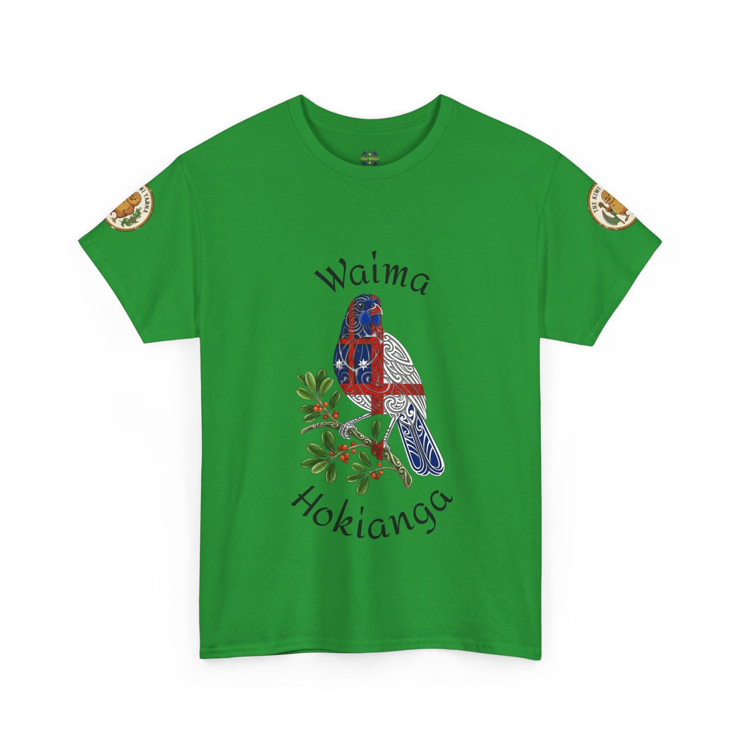 Green T-shirt with bird graphic and Waima Hokianga text