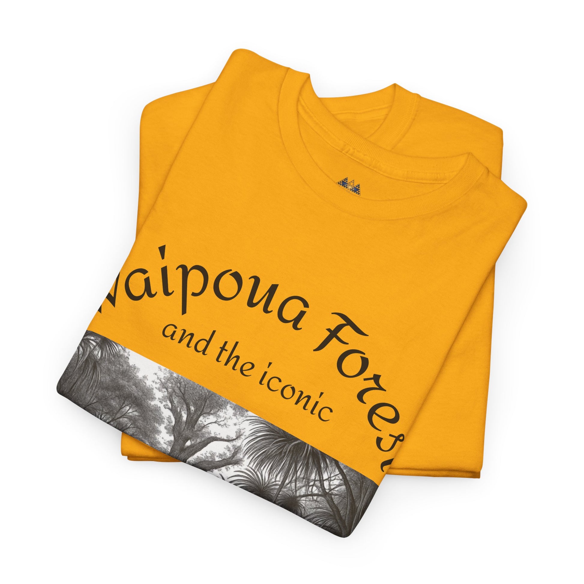 Mustard yellow T-shirt with front graphic panel of forest and Tane Mahuta text