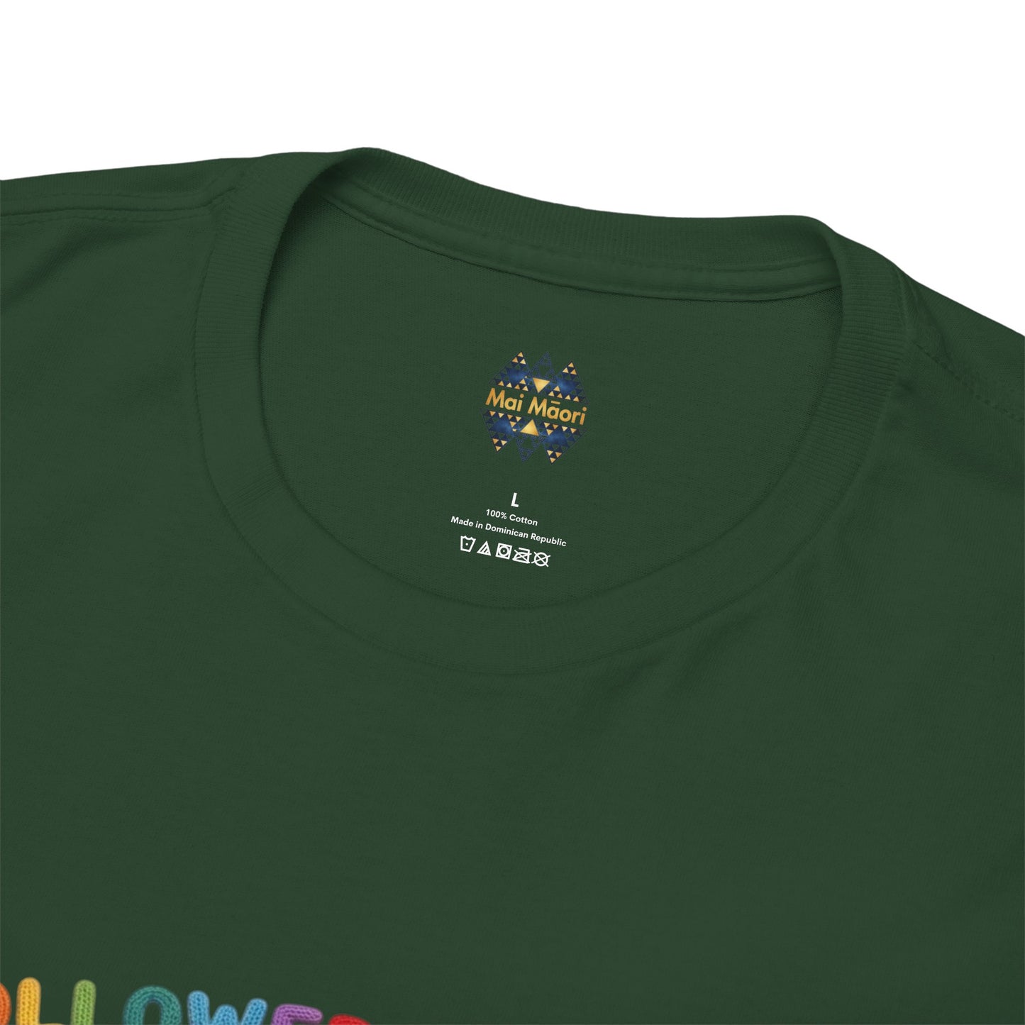 Forest green T-shirt crew neck with small chest label and printed sheep graphic