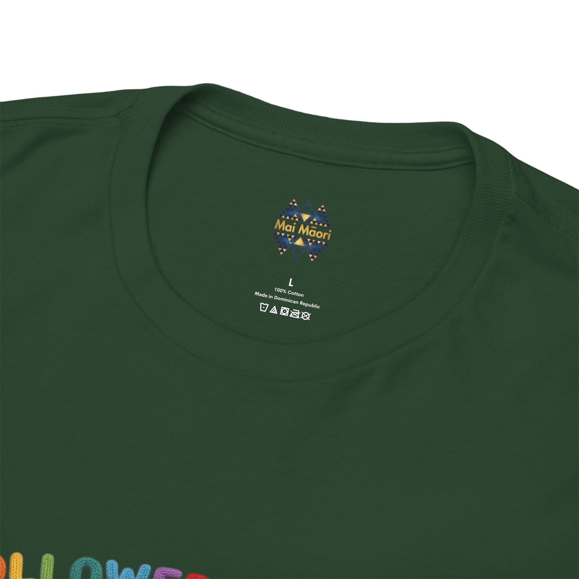 Forest green T-shirt crew neck with small chest label and printed sheep graphic