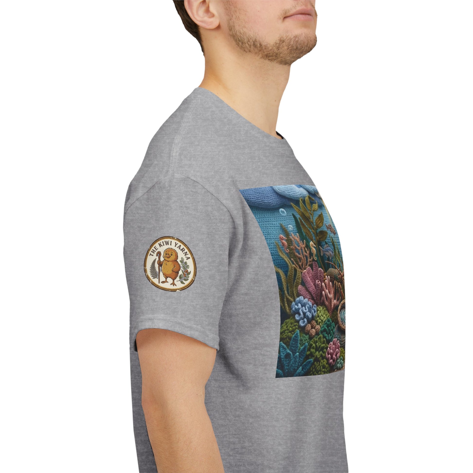 Under the Sea graphic T-shirt in heather gray with circular sleeve patch and ocean graphic
