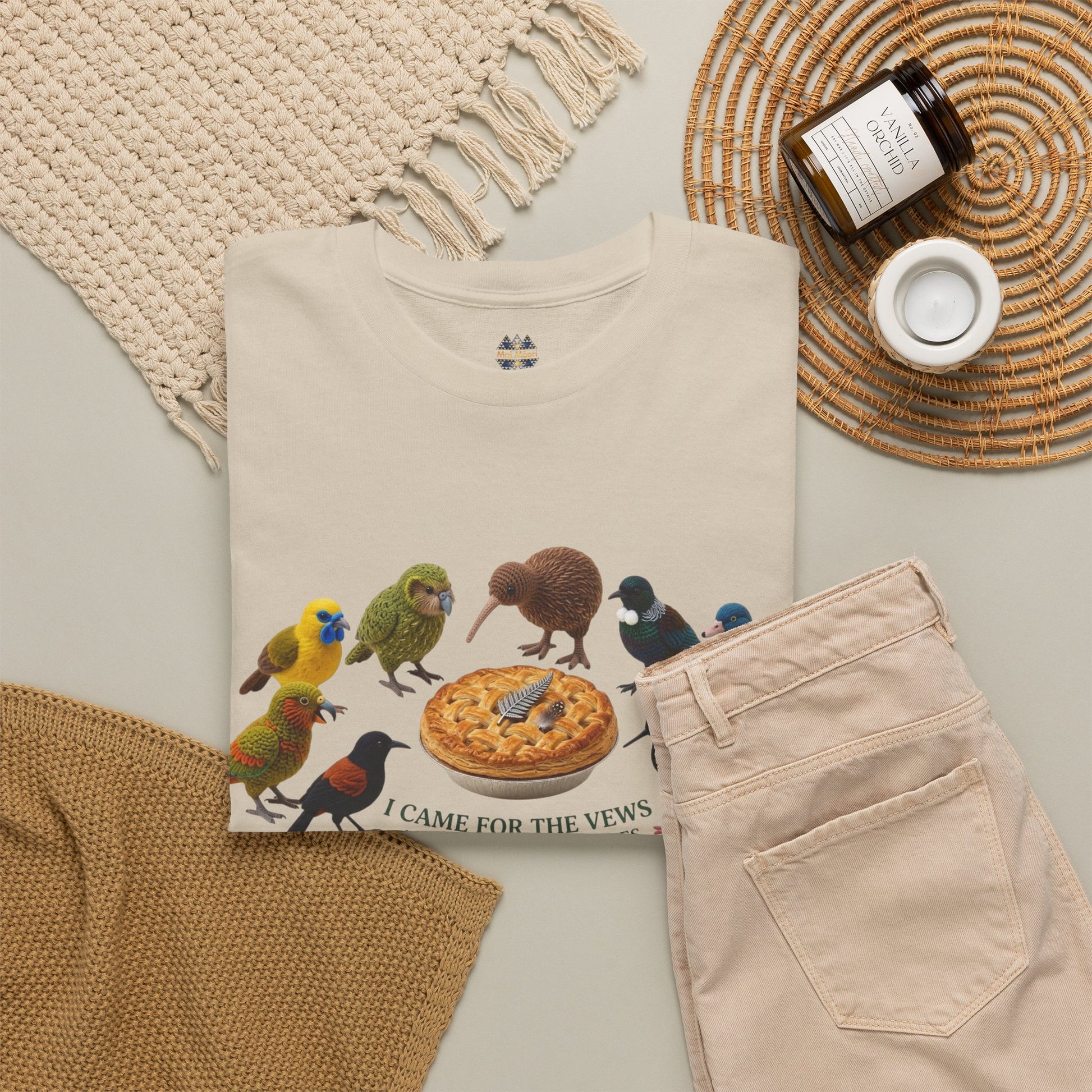 Beige graphic T-shirt with crew neck, bird-and-pizza front print, and short sleeves
