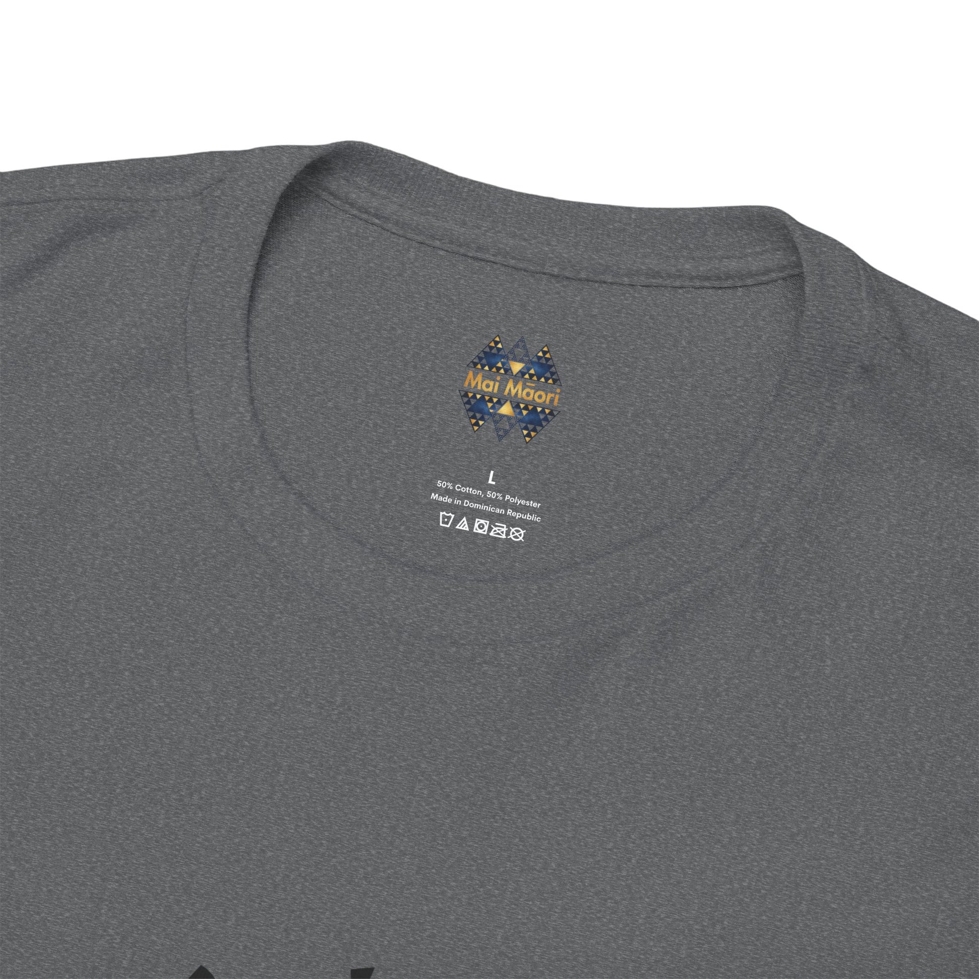 Dark gray heather T-shirt back neckline with small centered logo graphic