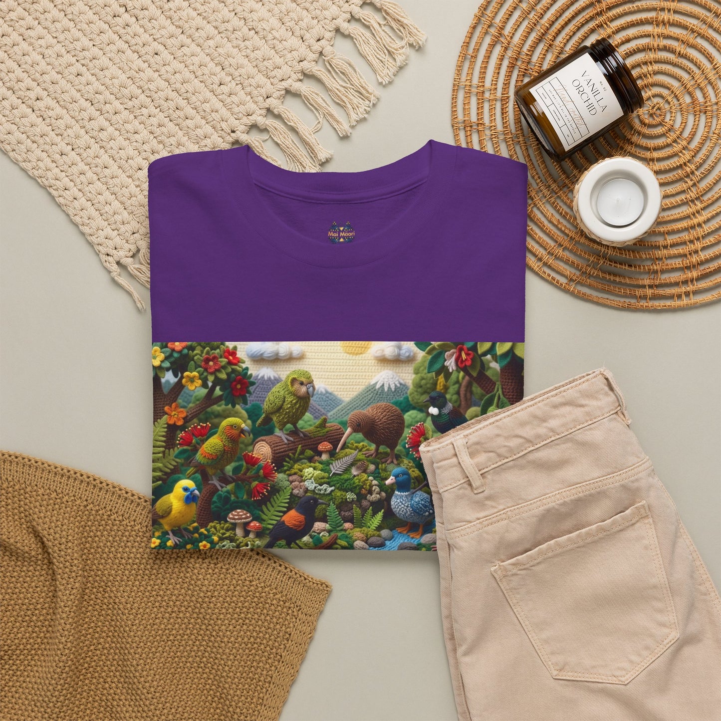 Purple graphic T-shirt with rectangular bird scene panel; shown with beige pants