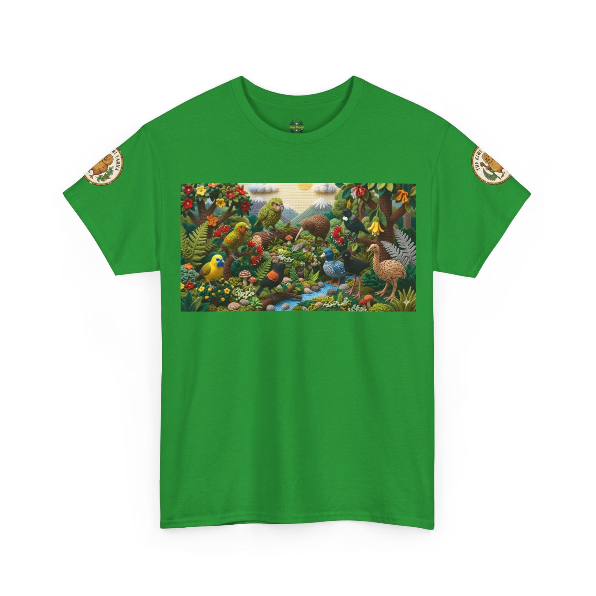 Green graphic T-shirt with birds-and-flowers rectangular front print and small sleeve badges