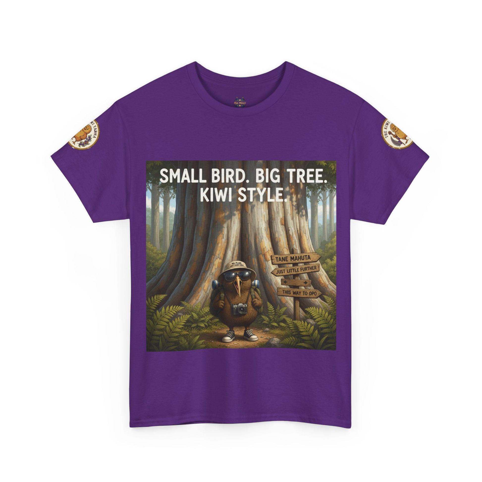 Purple graphic T-shirt with bird-and-tree scene print, short sleeves