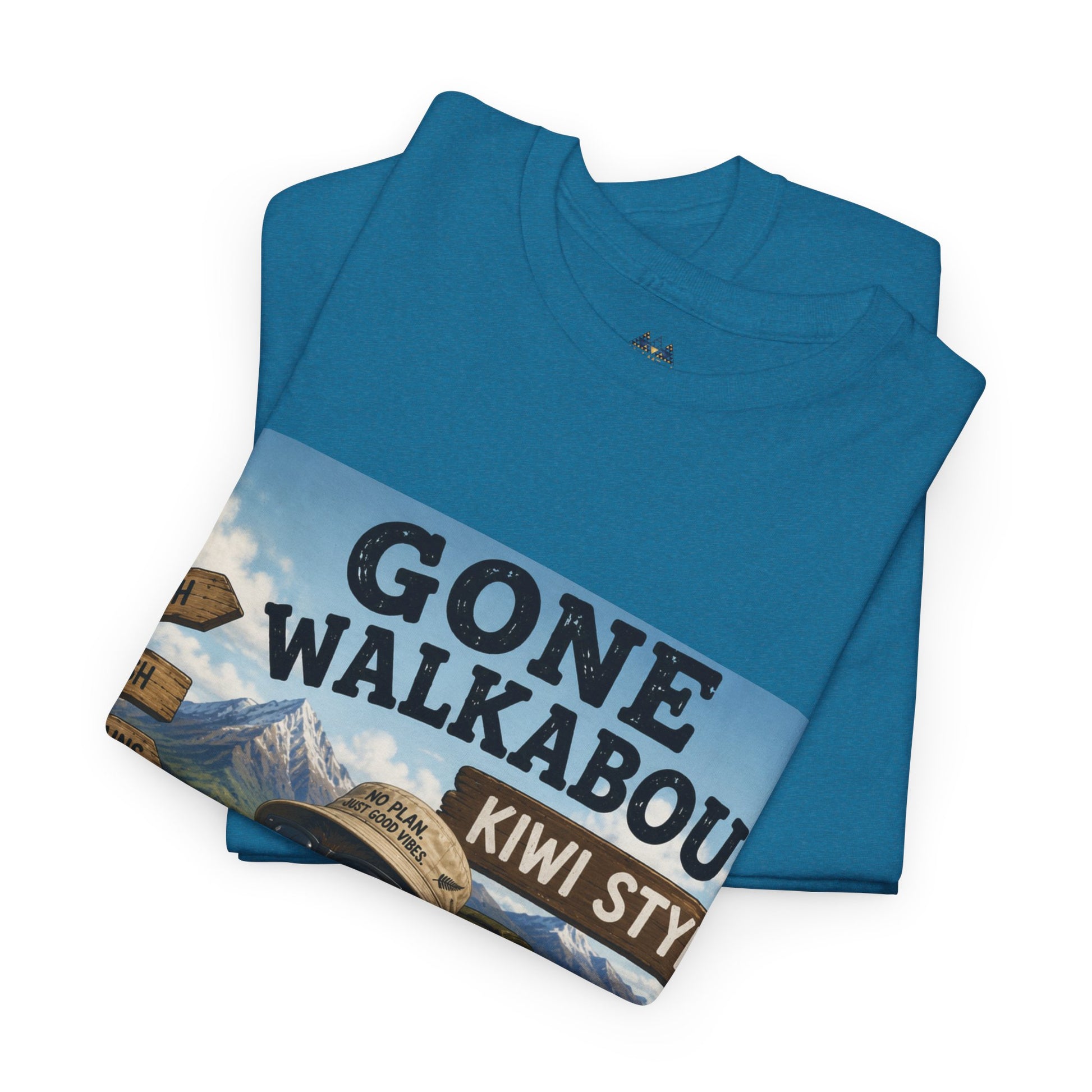 Teal short-sleeve crewneck T-shirt folded, featuring wide kiwi-style adventure graphic.