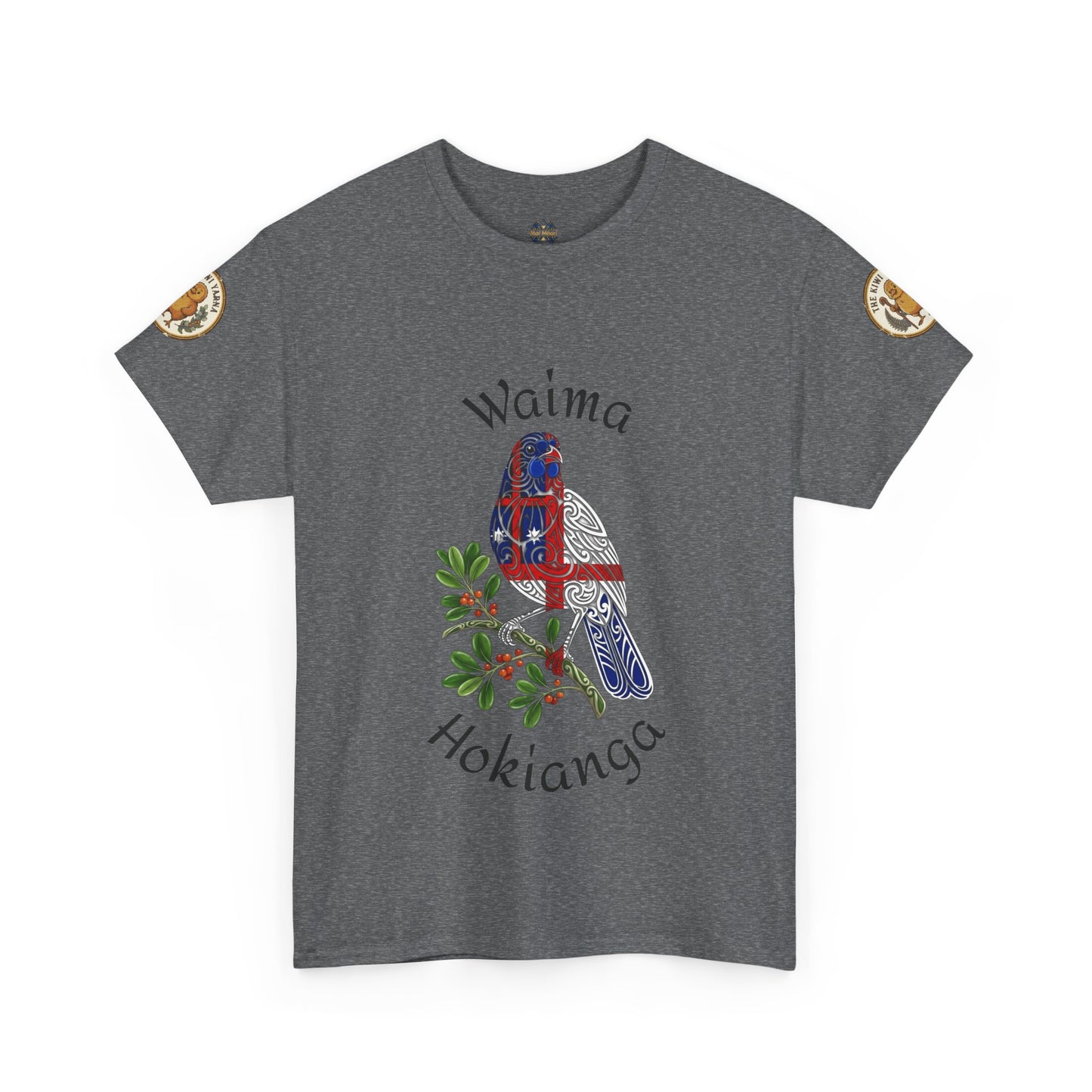 Heather grey T-shirt with blue bird graphic and text, plus small circular logo patches on sleeves