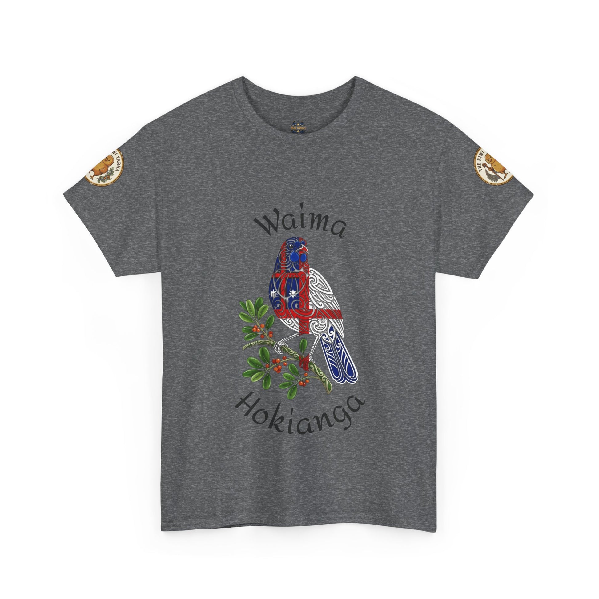 Heather grey T-shirt with blue bird graphic and text, plus small circular logo patches on sleeves
