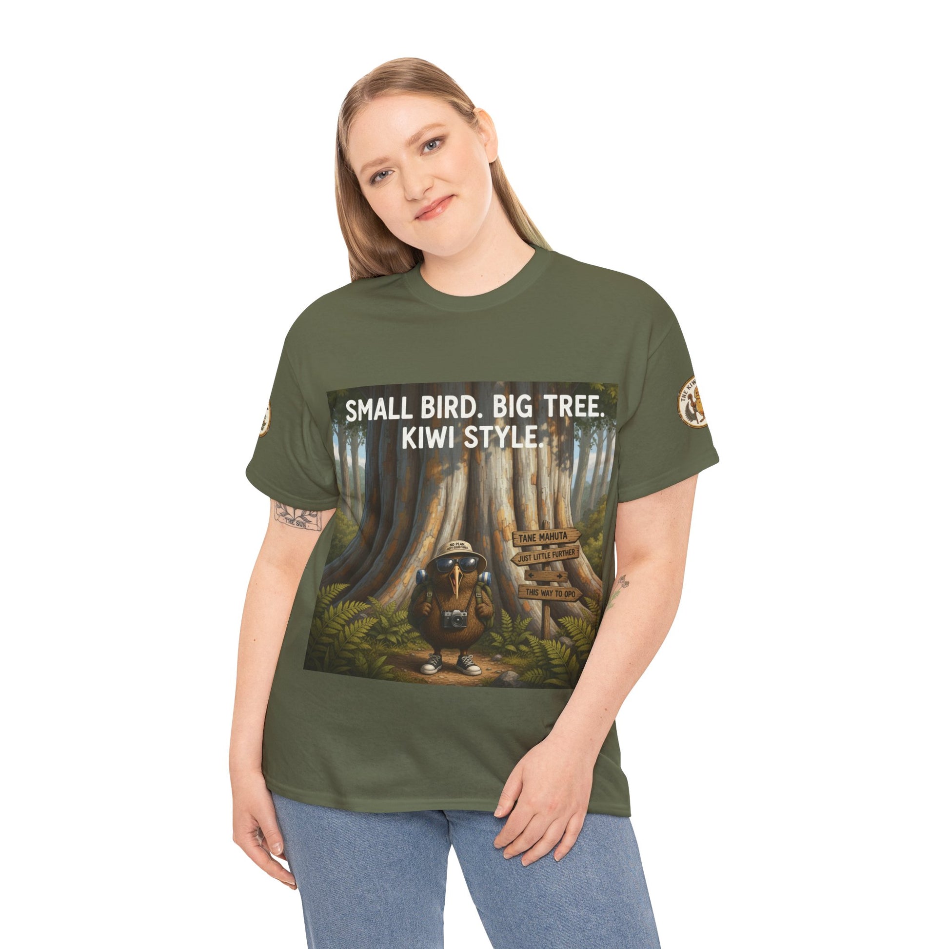 Forest green short-sleeve T-shirt with front forest scene and “Kiwi Style” text