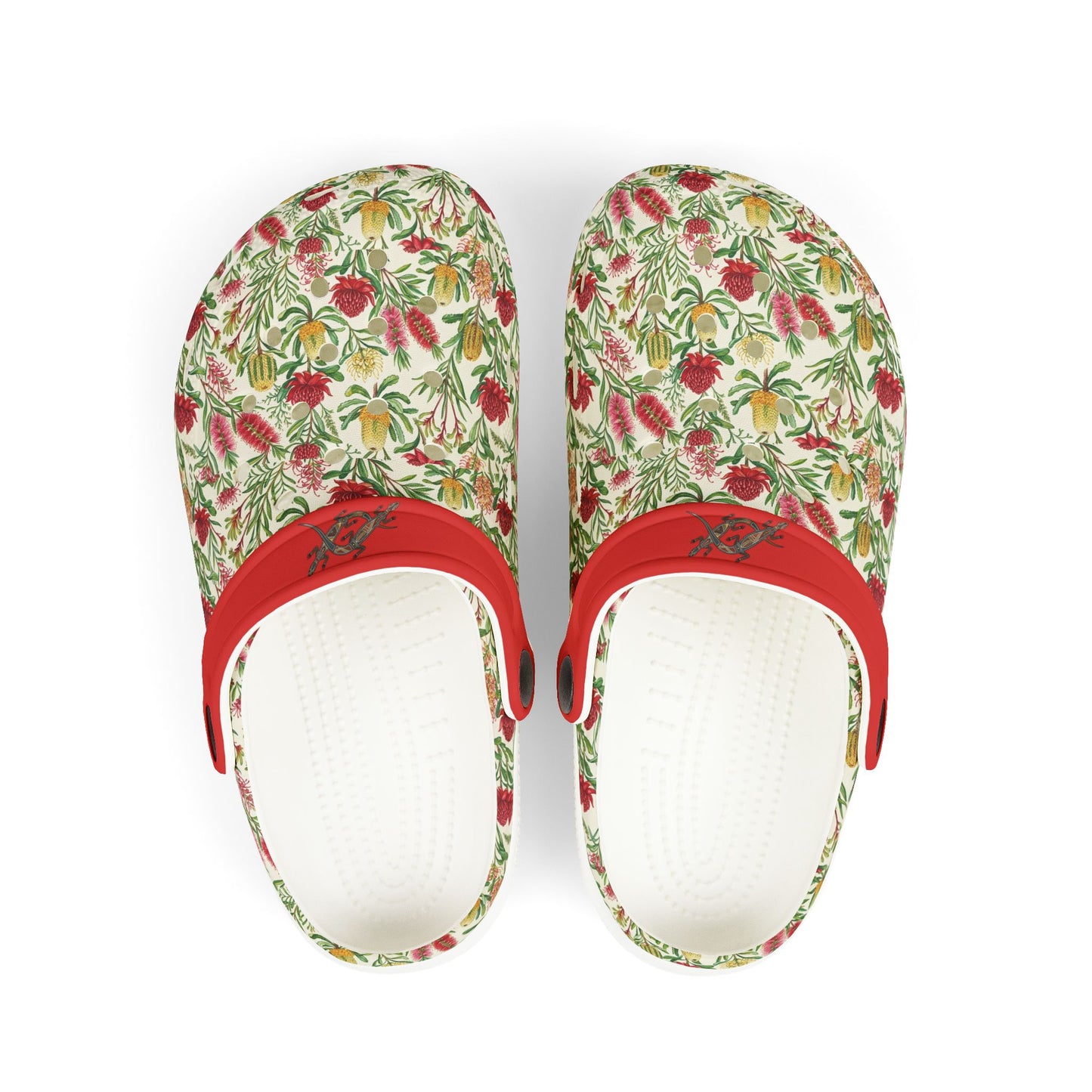 Floral slip-on casual shoe with red strap and patterned uppers, white interior.