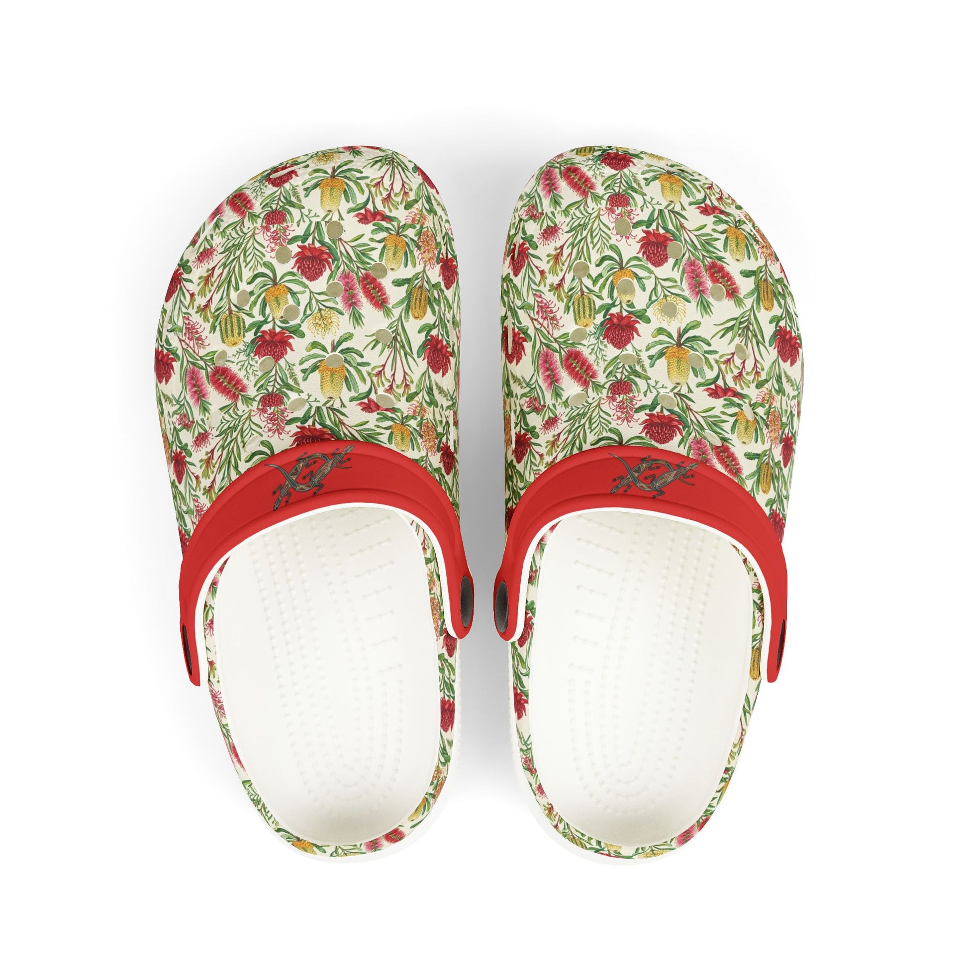 Floral slip-on casual shoe with red strap and patterned uppers, white interior.