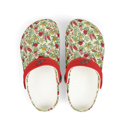 Floral slip-on casual shoe with red strap and patterned uppers, white interior.