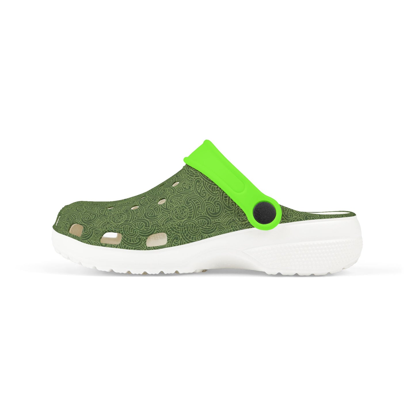 Piripiri perforated clog, dark green upper with neon green strap and black sole