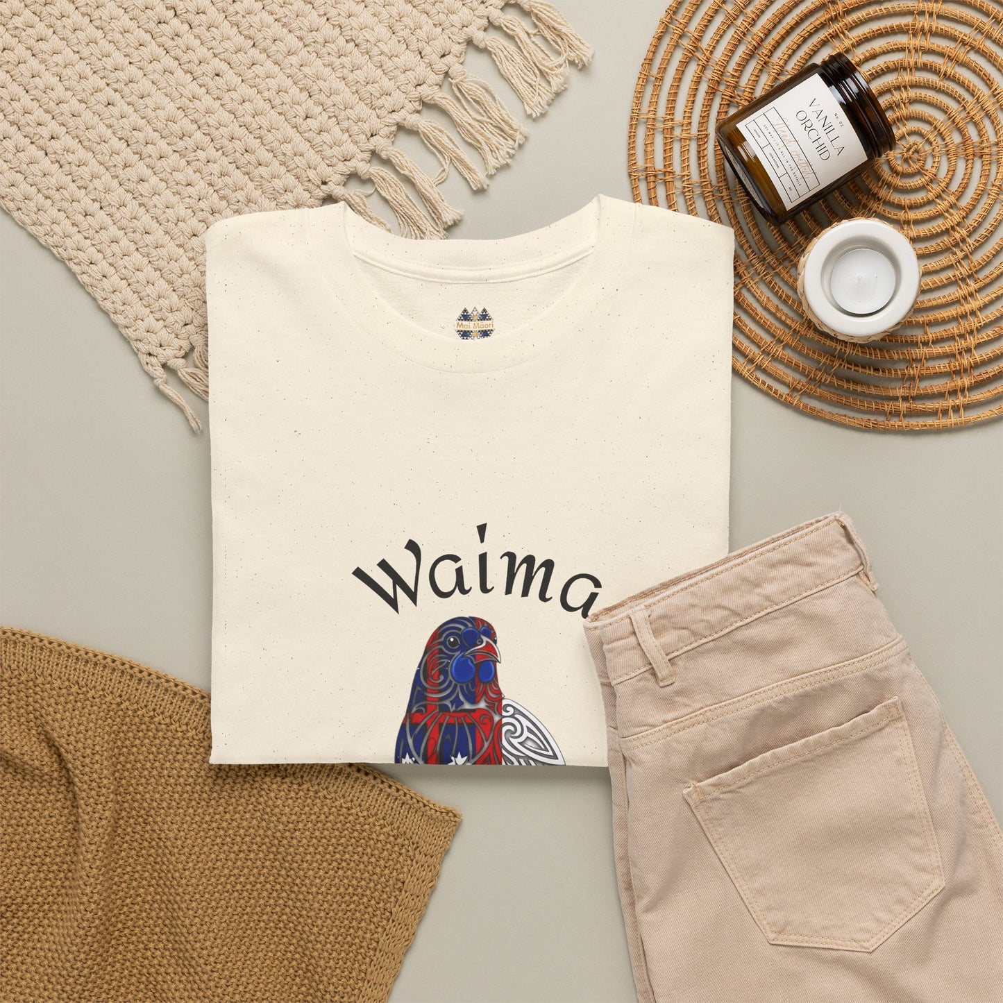Graphic T-shirt with Waima print, folded, cream with front artwork