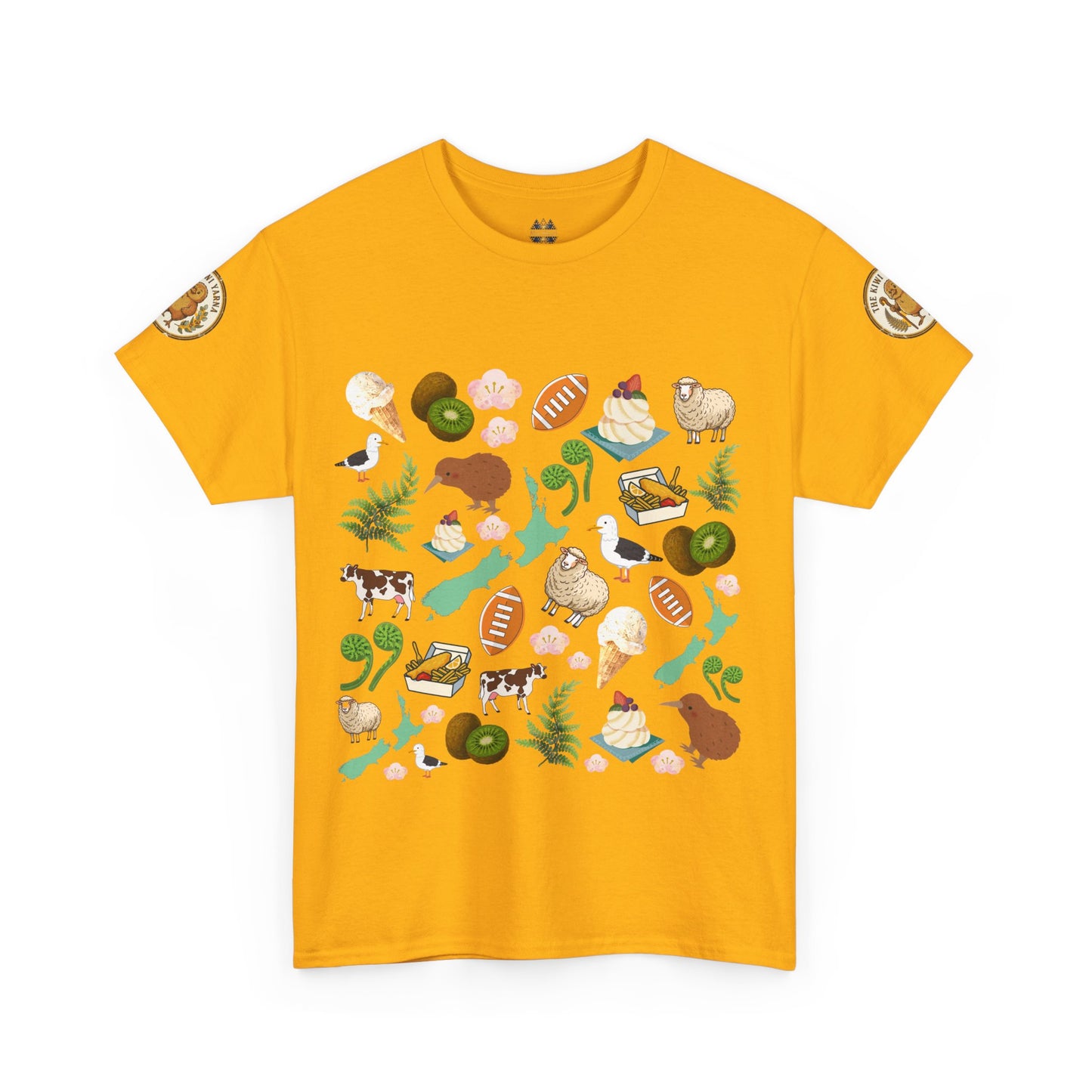 Gold Kiwiana graphic T-shirt, crewneck, short sleeves, colorful bird and flora print