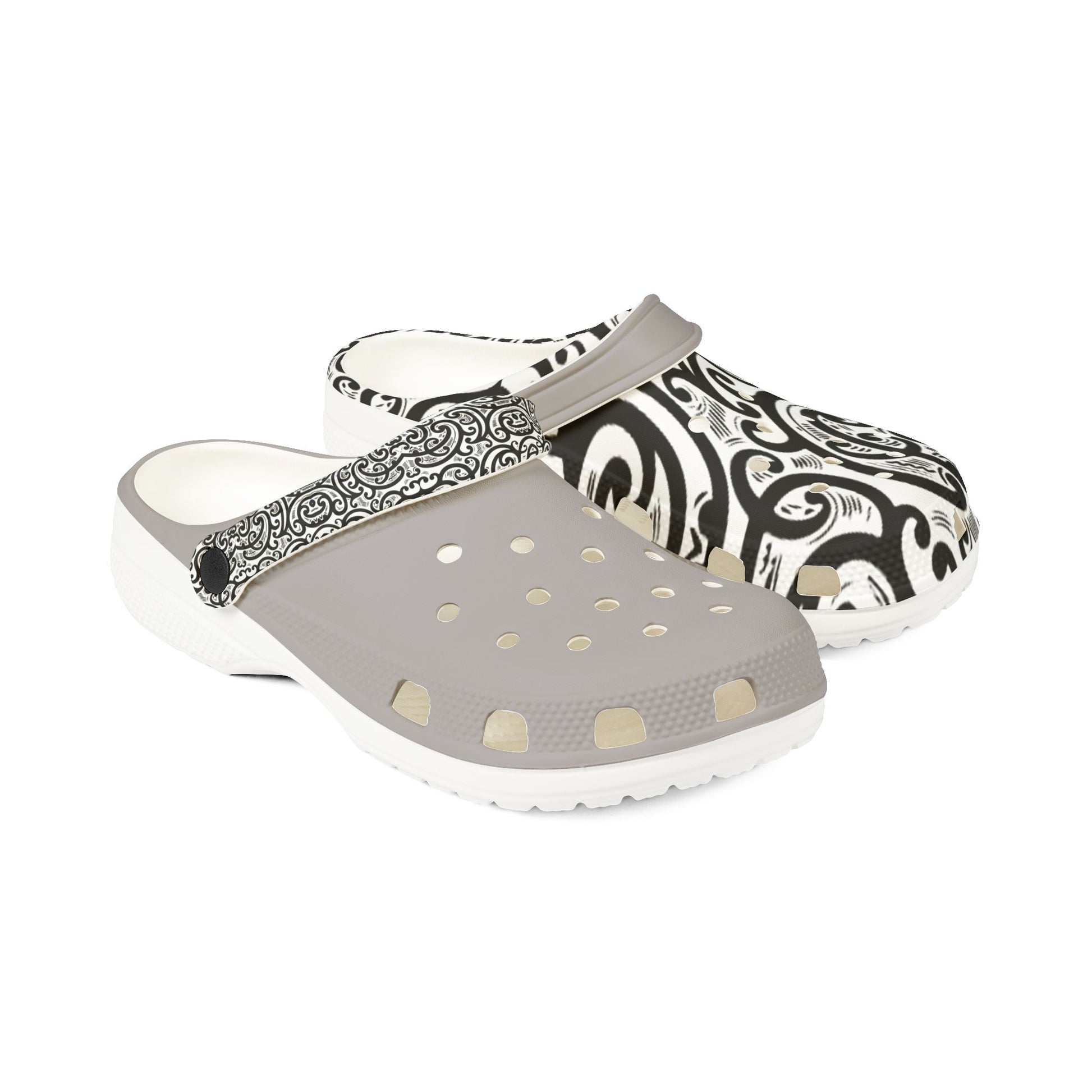 Ponga clogs, white and black paisley slip-on with gray perforated footbed