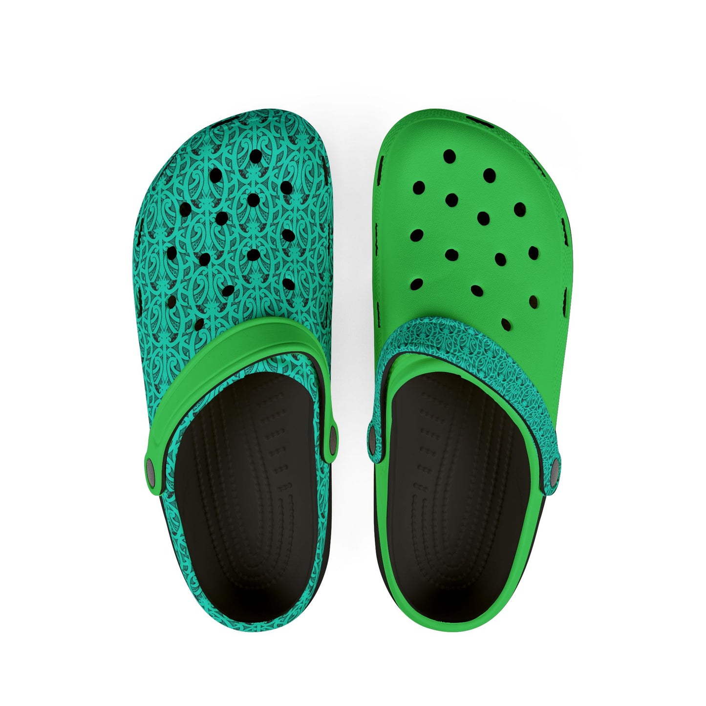 Teal and neon green perforated clog sandals with dark interior