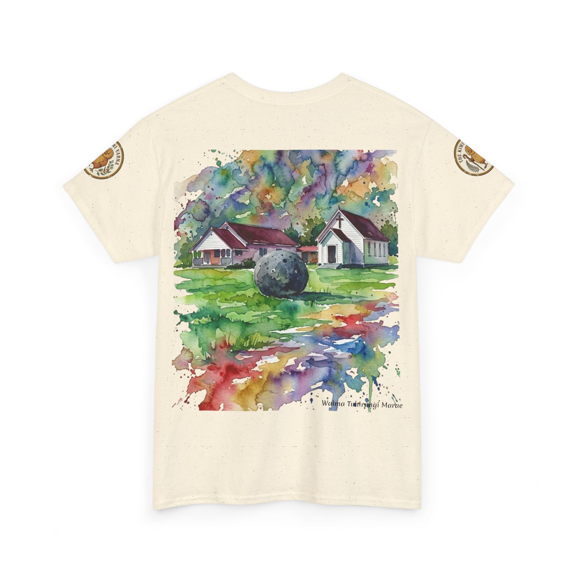 Off-white T-shirt with watercolor house and landscape graphic
