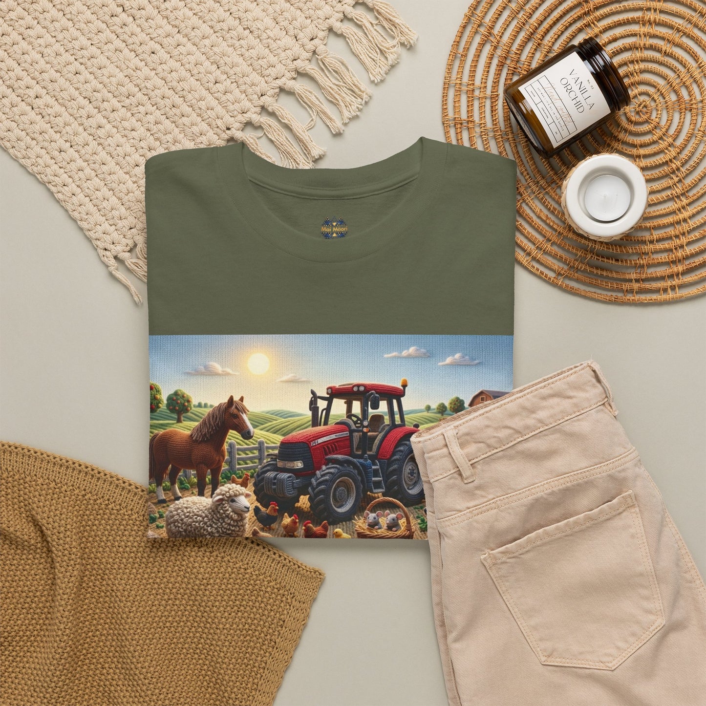 Olive T-shirt with farm tractor graphic, shown folded with beige pants.