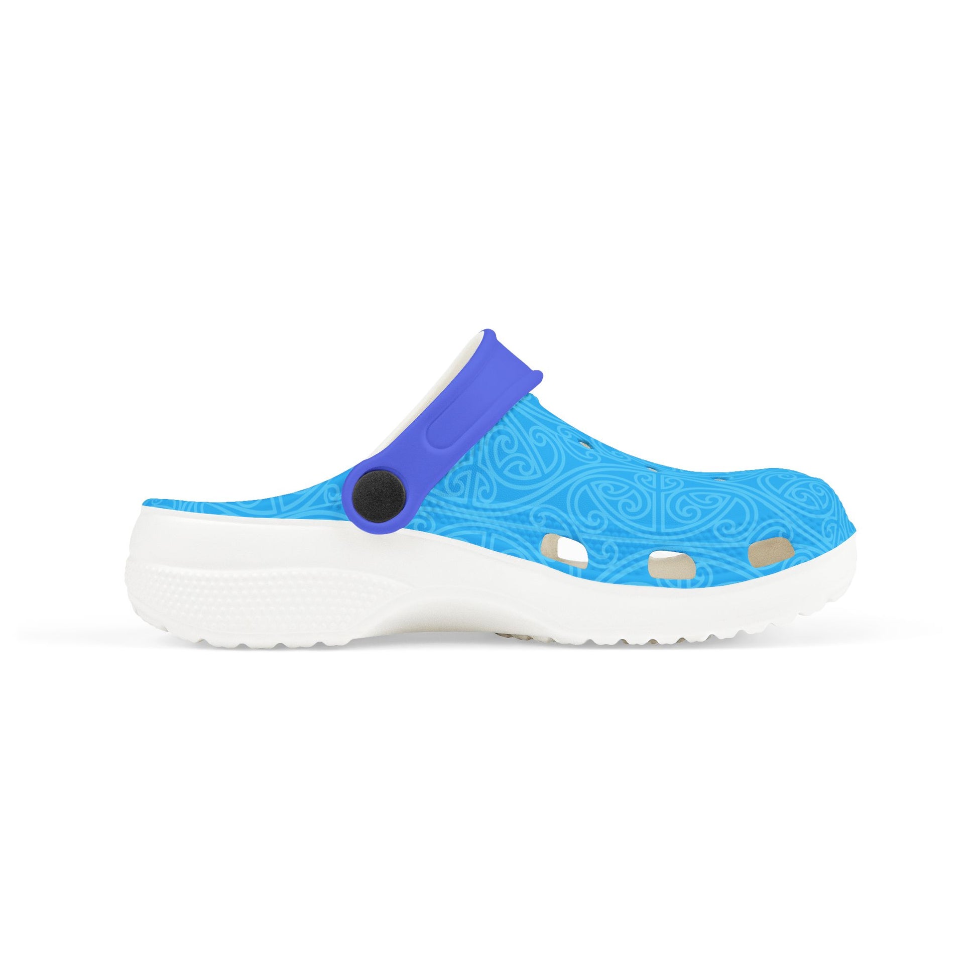 Light blue patterned slip-on clog with purple strap, perforations, white outsole, side view