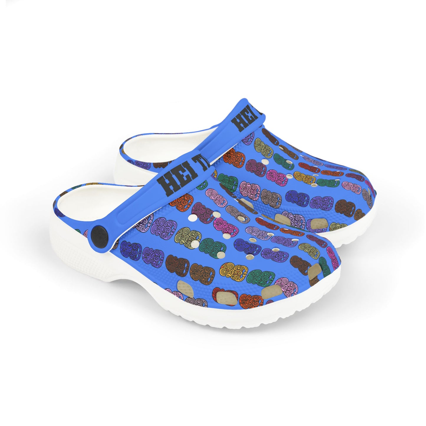 Kids clog-style casual shoe with blue upper and multicolor tiki print, white outsole