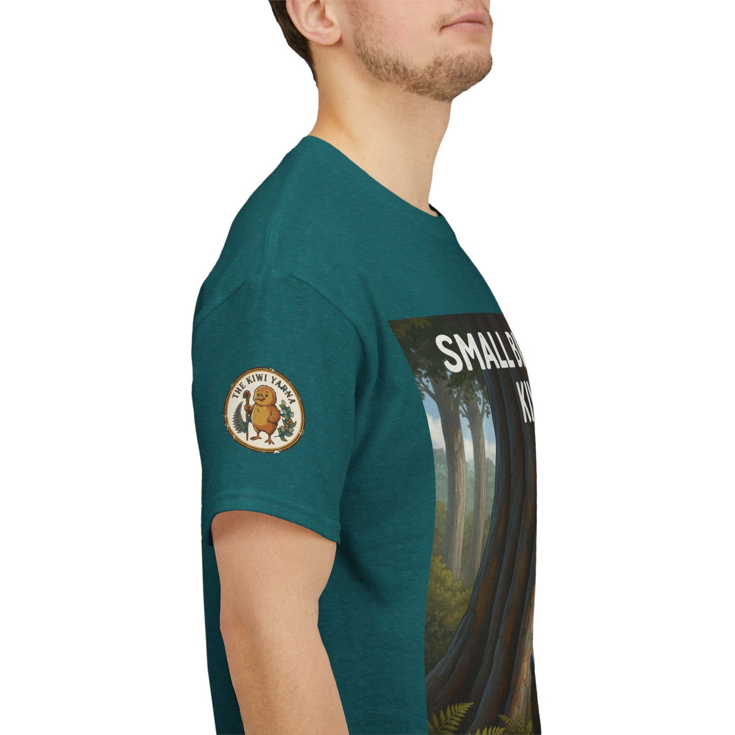 Teal graphic T-shirt with kiwi style back print and circular sleeve patch
