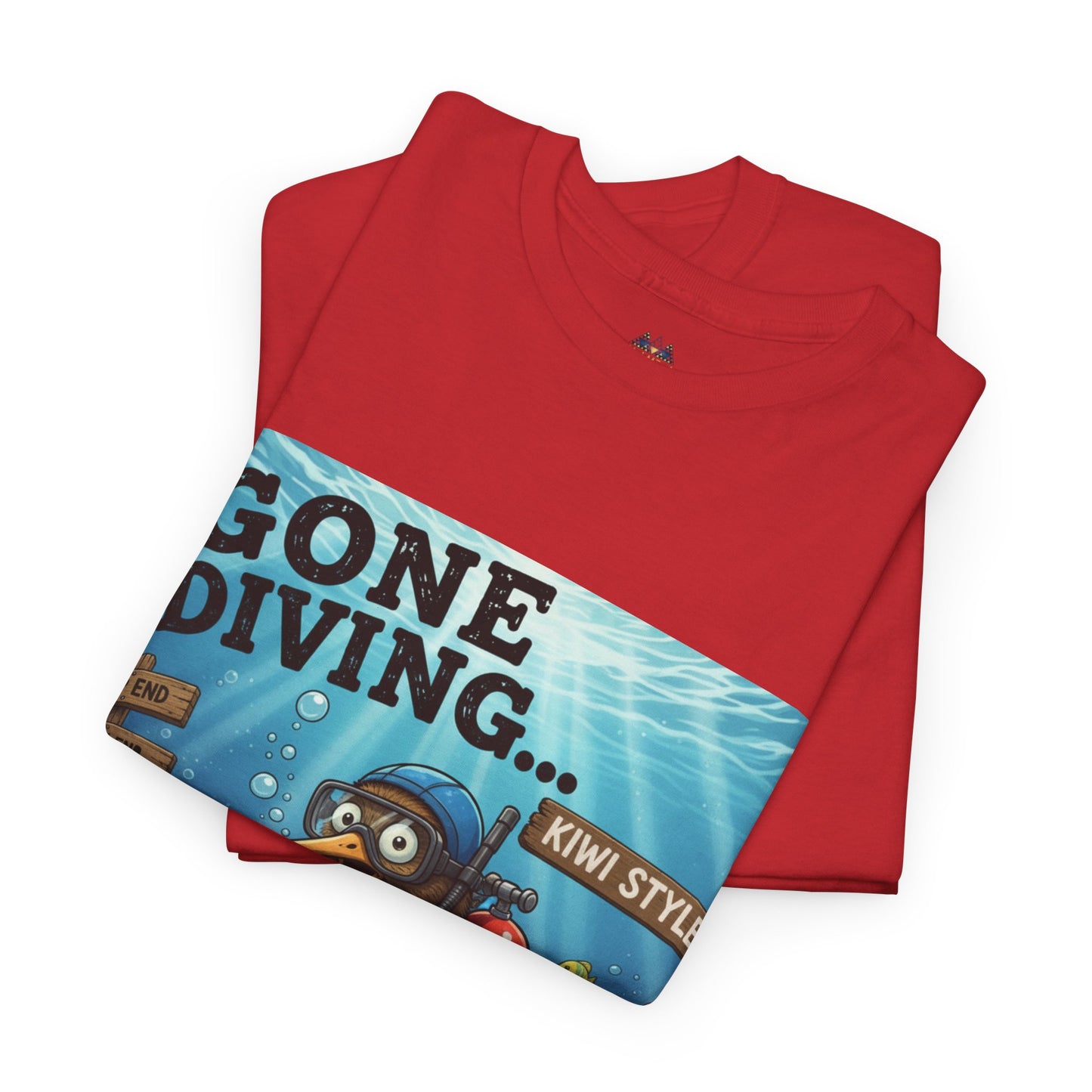 Red crew-neck T-shirt with large blue underwater poster graphic
