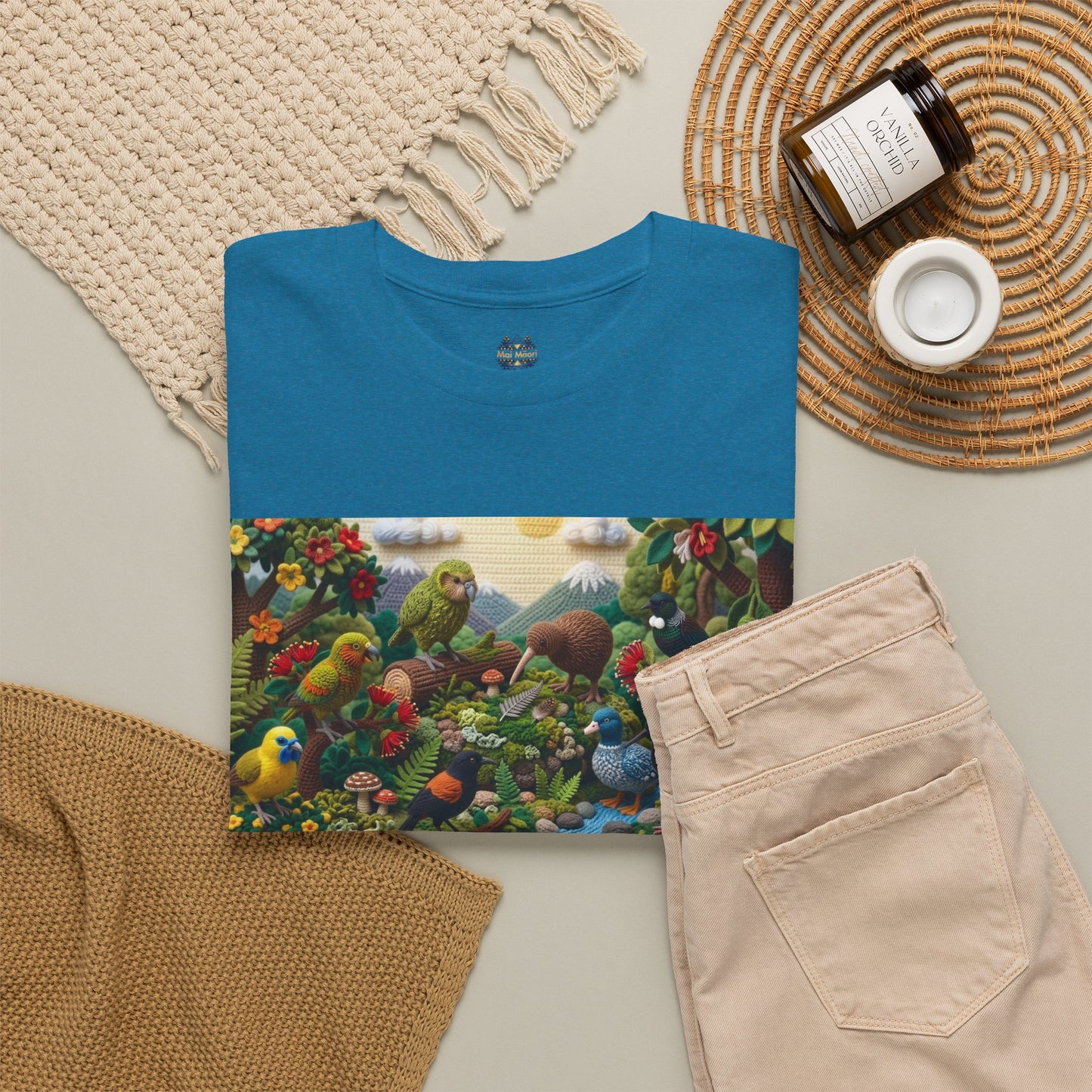 Teal T-shirt with bird scene panel across chest and small center neck logo