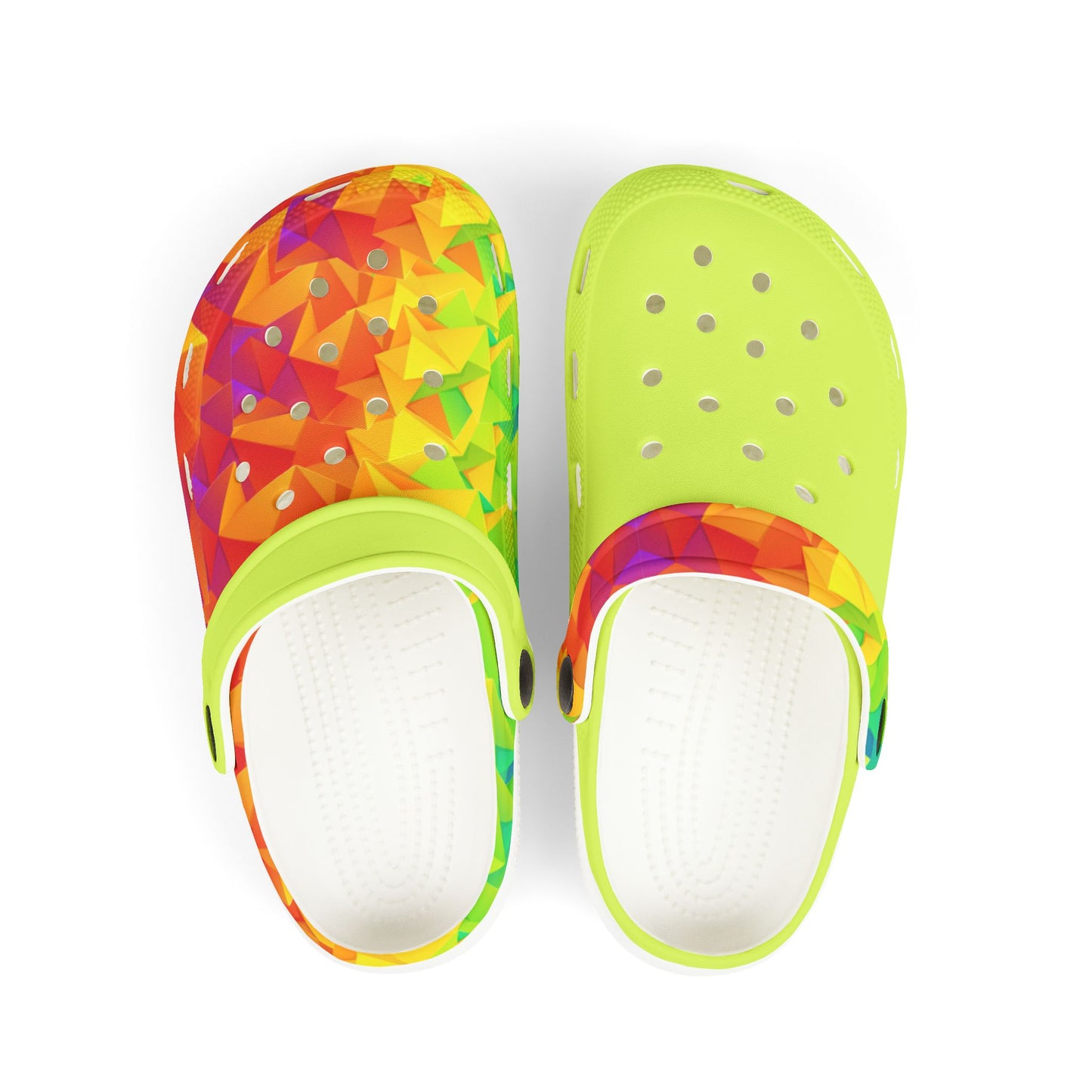 Ahi lime-green clog with multicolor geometric upper and white footbed holes