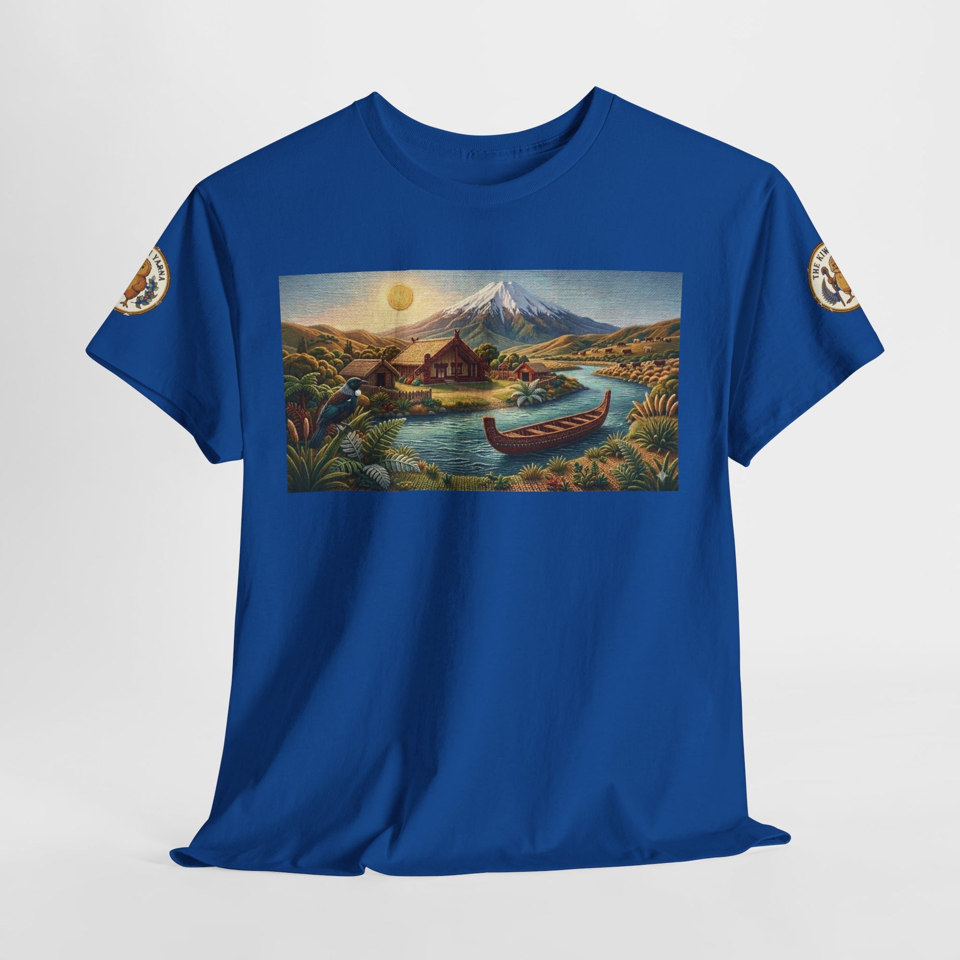Royal blue crewneck graphic T-shirt with landscape canoe panel and sleeve logos