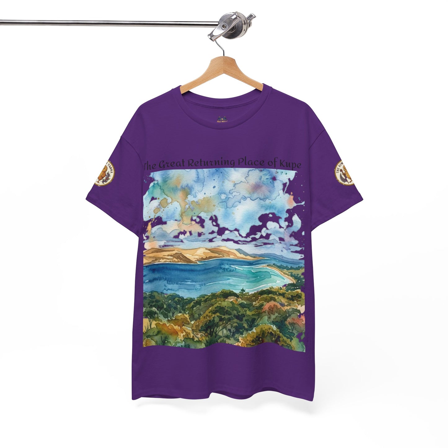 Purple crew-neck graphic T-shirt with landscape print and gold sleeve patch accents.