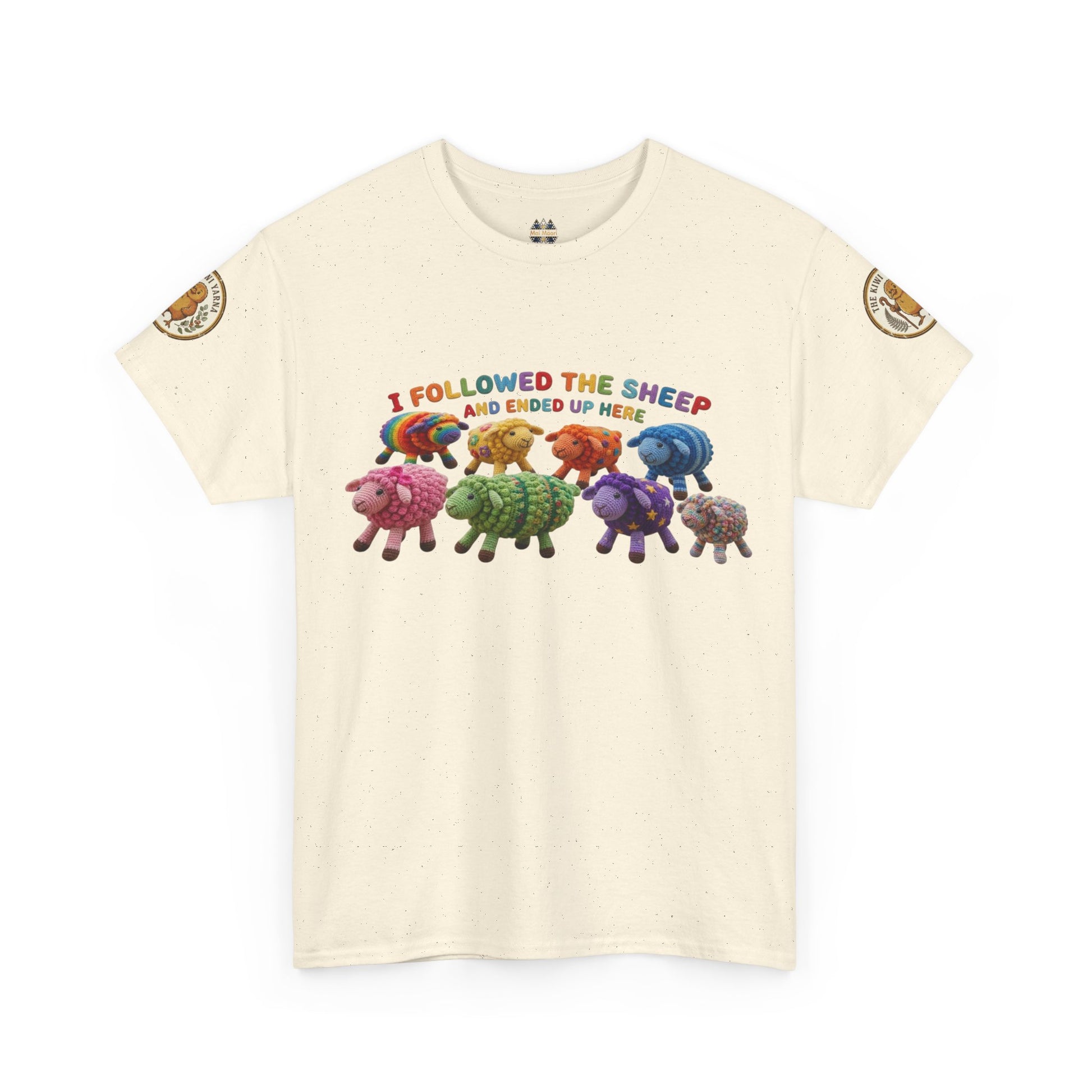 Cream crew-neck graphic T-shirt with colorful sheep crowd print and small circular sleeve badges