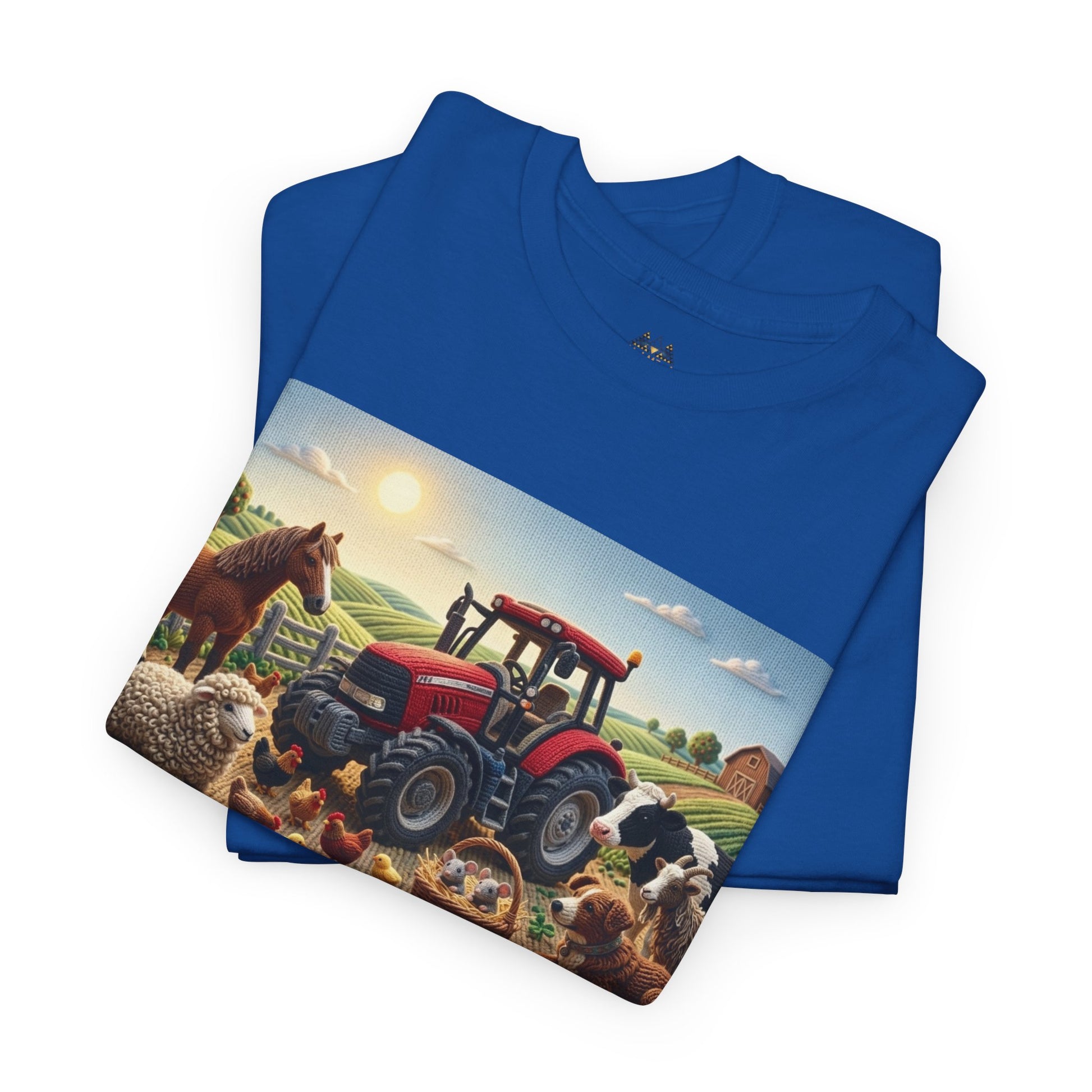 Royal blue T-shirt with folded farm tractor and animals front graphic; short sleeves.