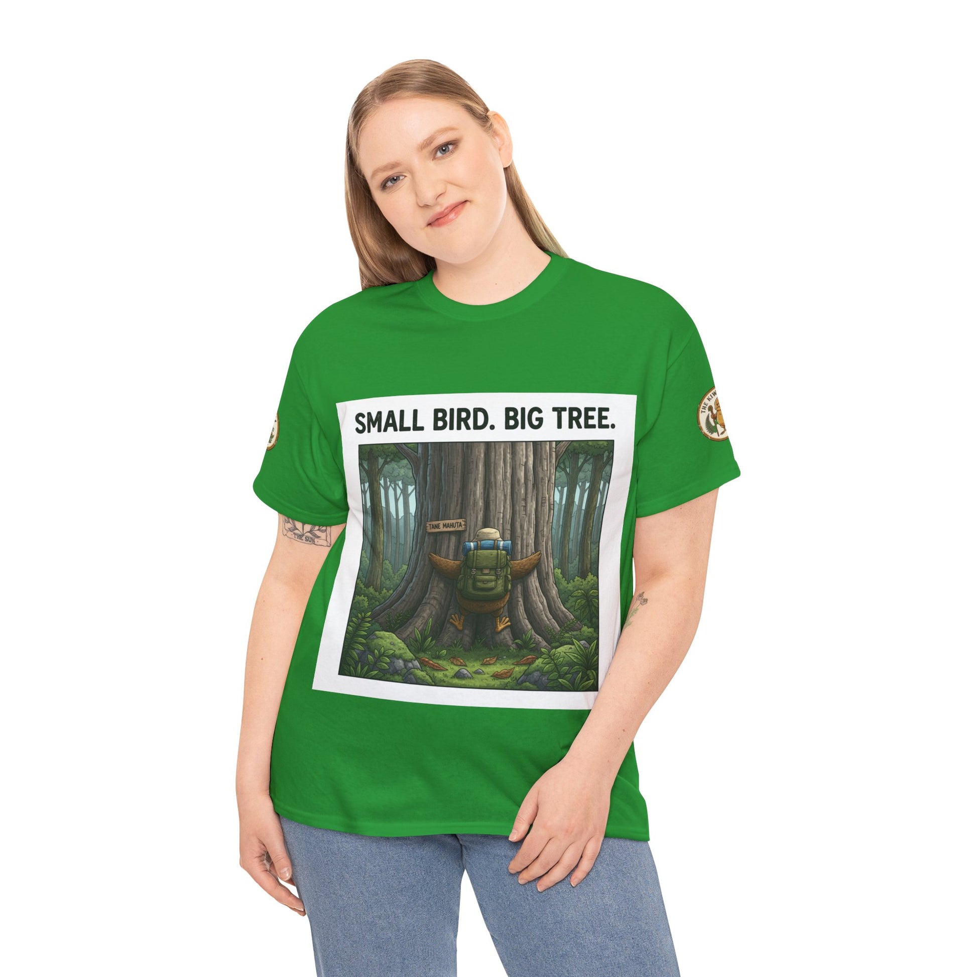 Green crew-neck T-shirt with centered white-framed forest scene graphic