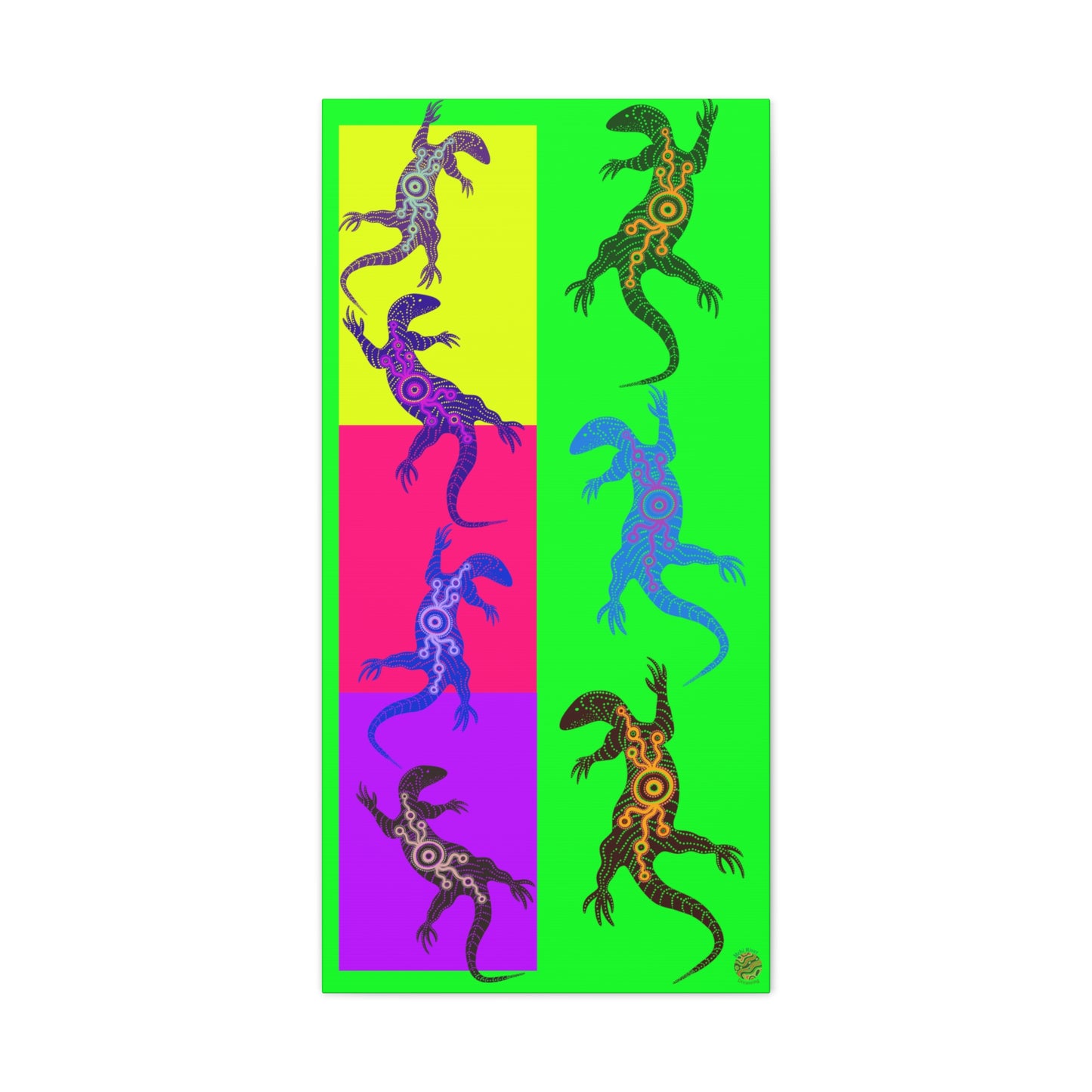 Neon lizard wall art in tall format with yellow, pink, purple, and green blocks