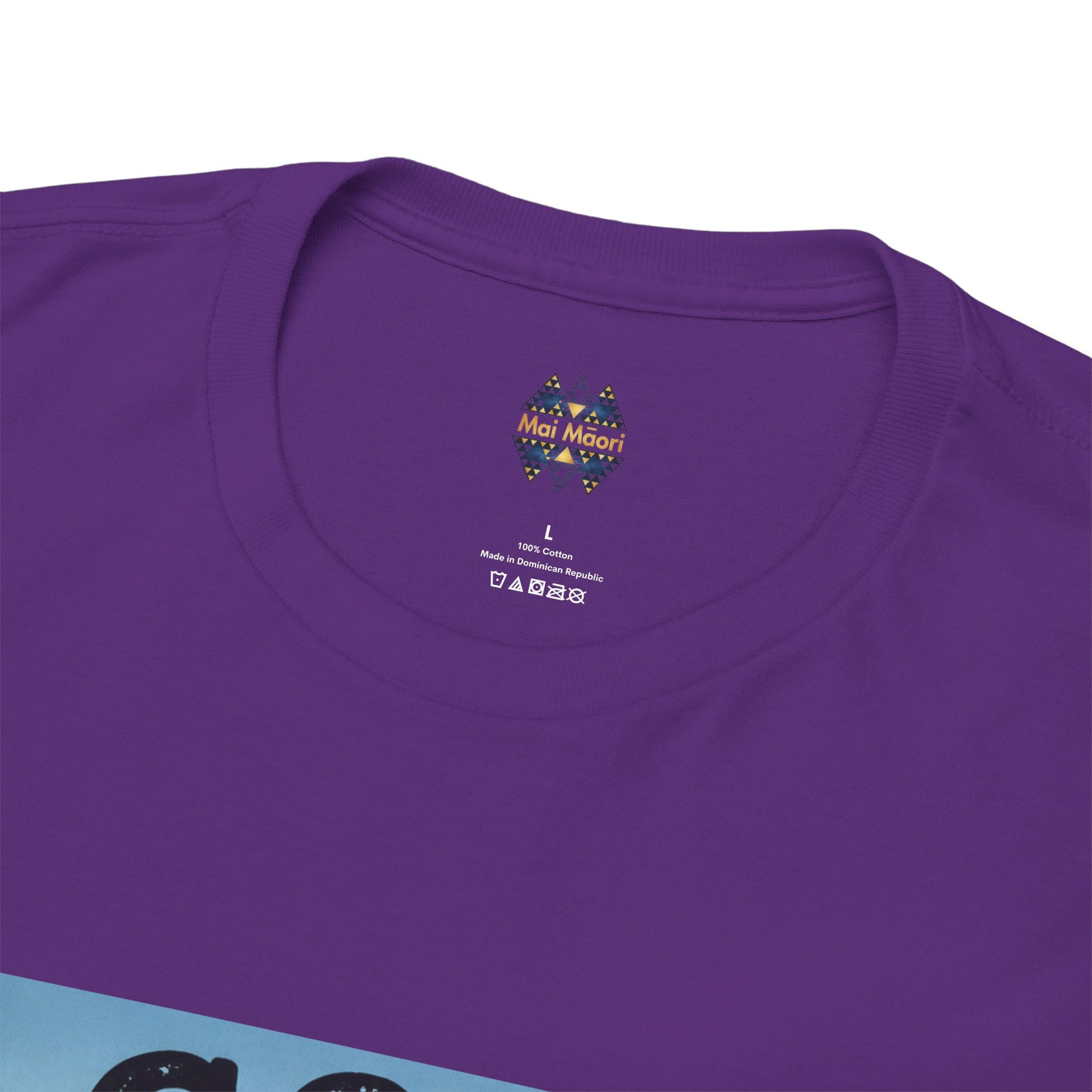 Purple crew-neck T-shirt with small chest logo; neckline and shoulder seam detail.