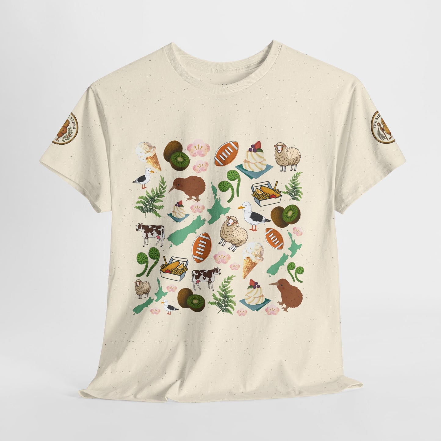 Natural crewneck T-shirt with colorful Kiwiana-themed pattern graphic across front