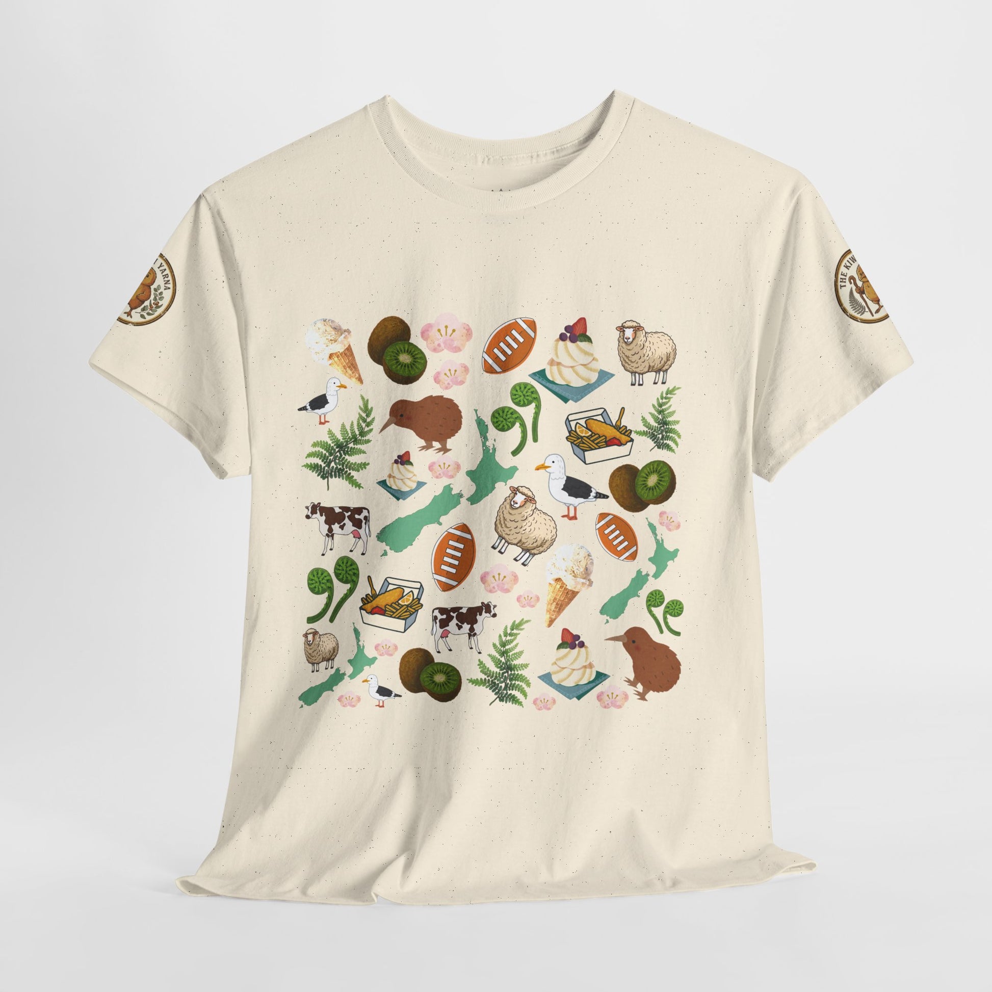Natural crewneck T-shirt with colorful Kiwiana-themed pattern graphic across front