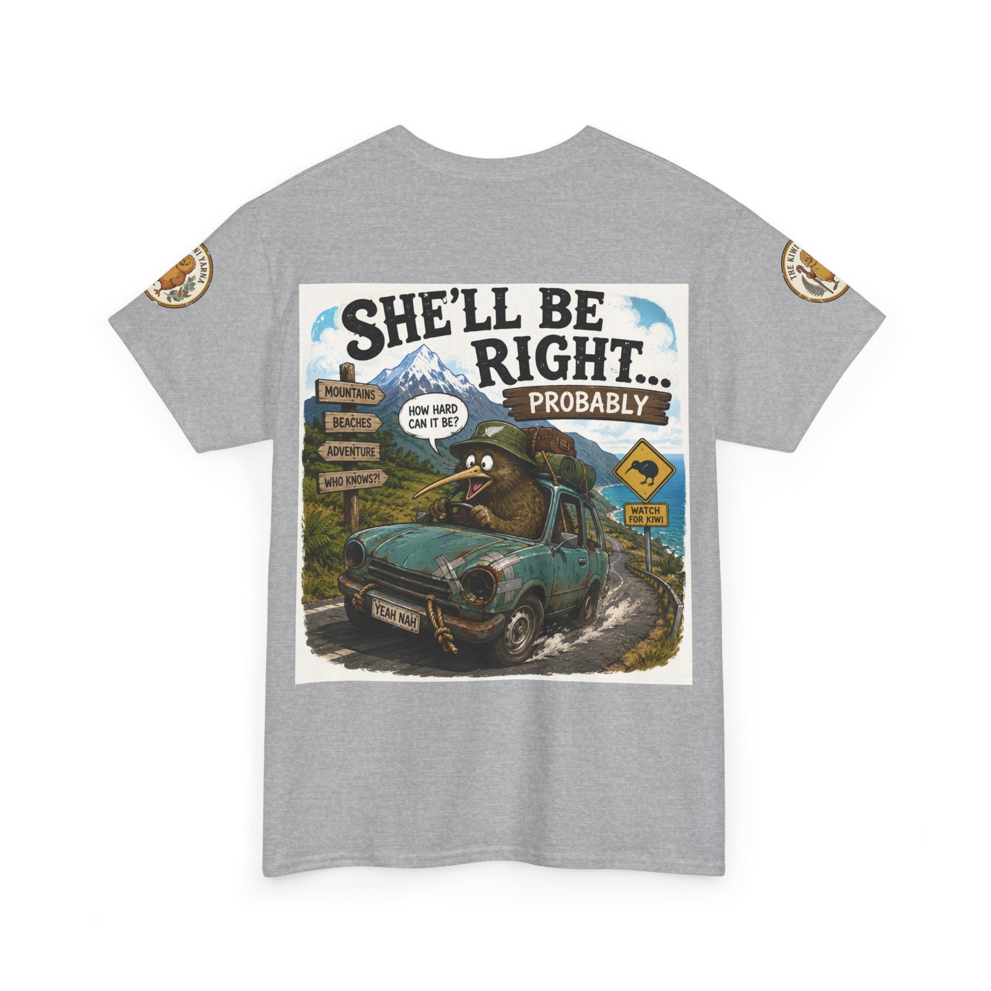 Sport grey crewneck graphic T-shirt with front car and landscape print