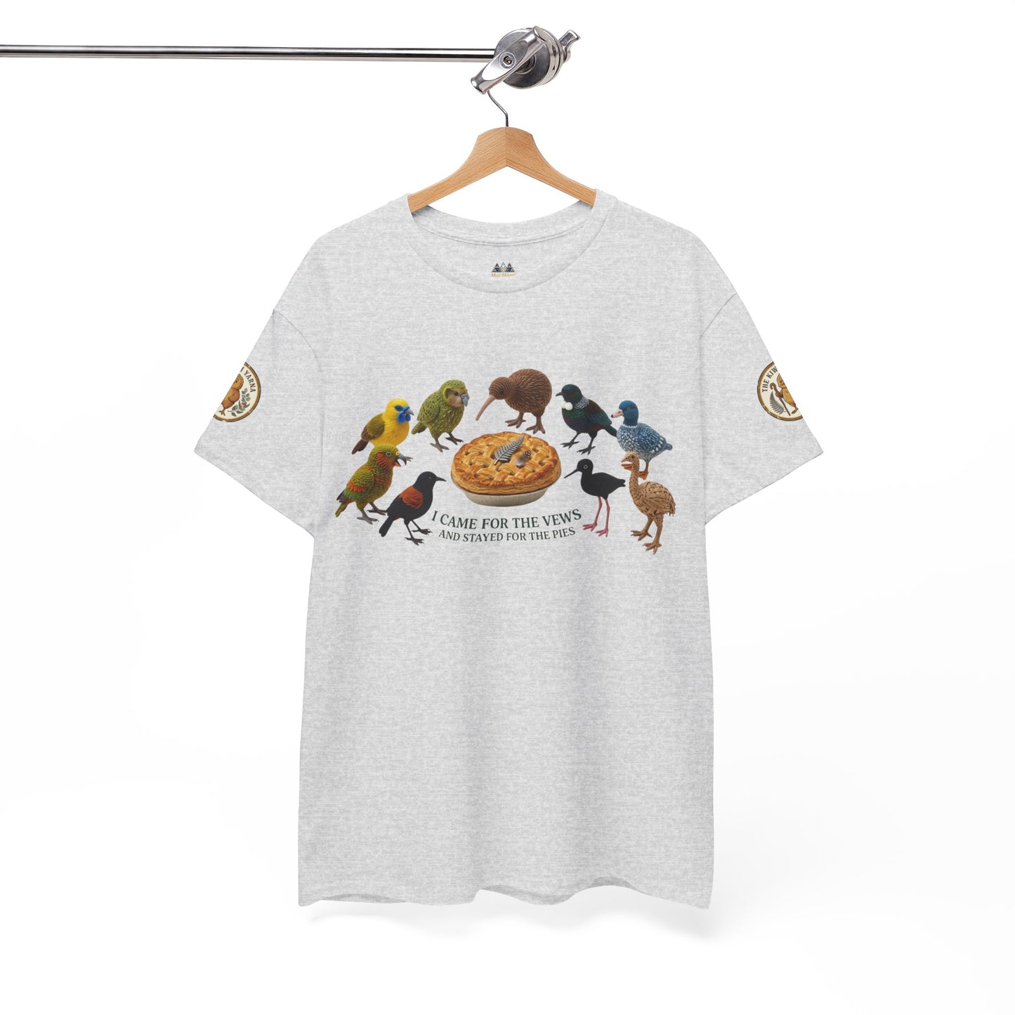 Heather gray T-shirt on hanger with bird-and-pizza front graphic and sleeve logo patches.