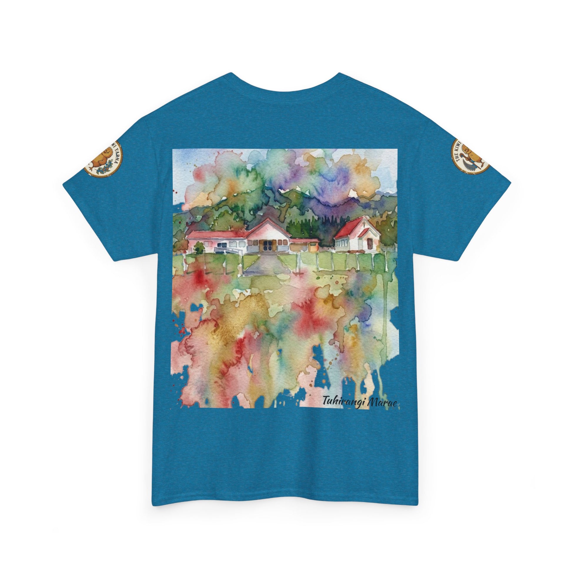 Teal crewneck T-shirt with watercolor village artwork on front