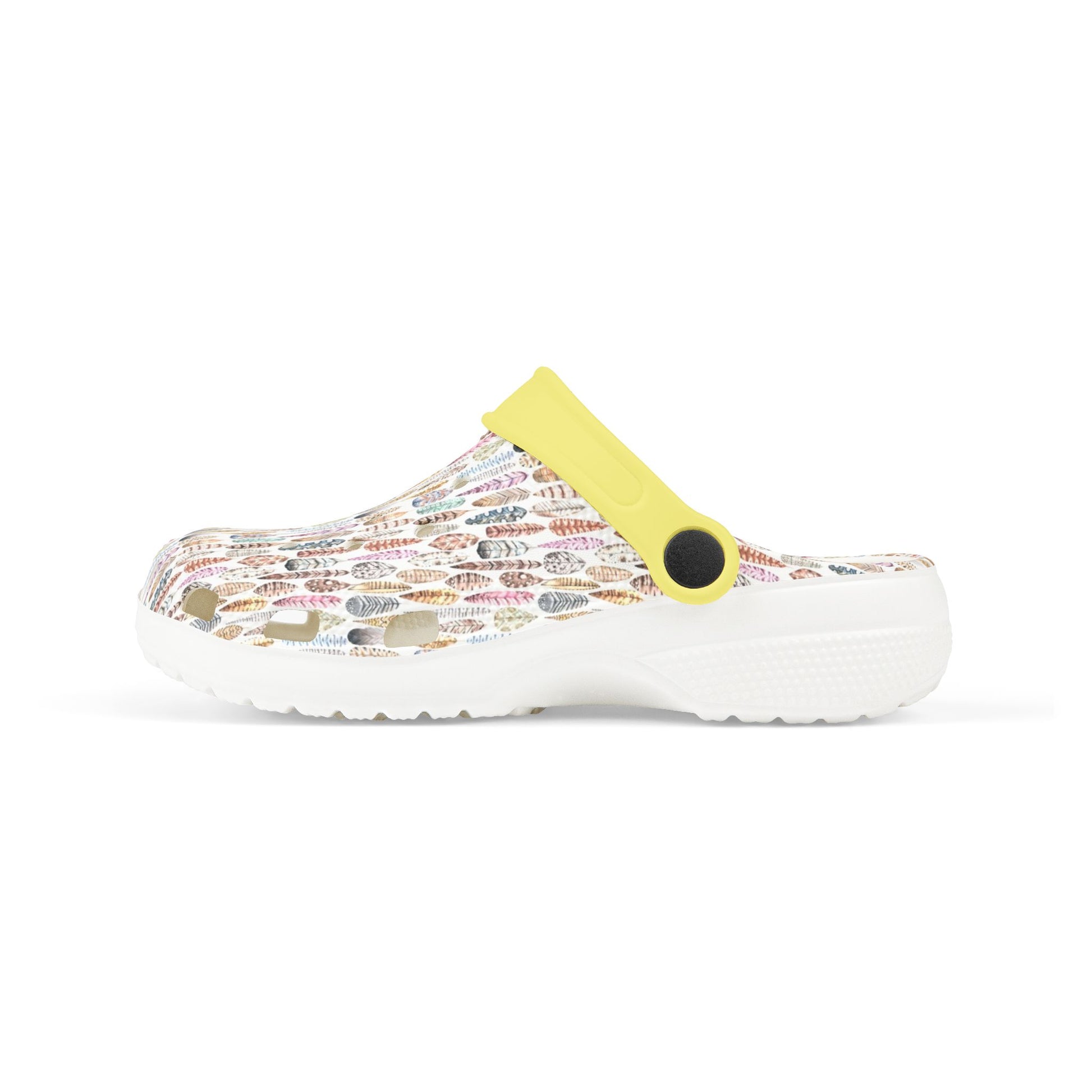 Croc-style clogs with white patterned upper and yellow strap over a white sole