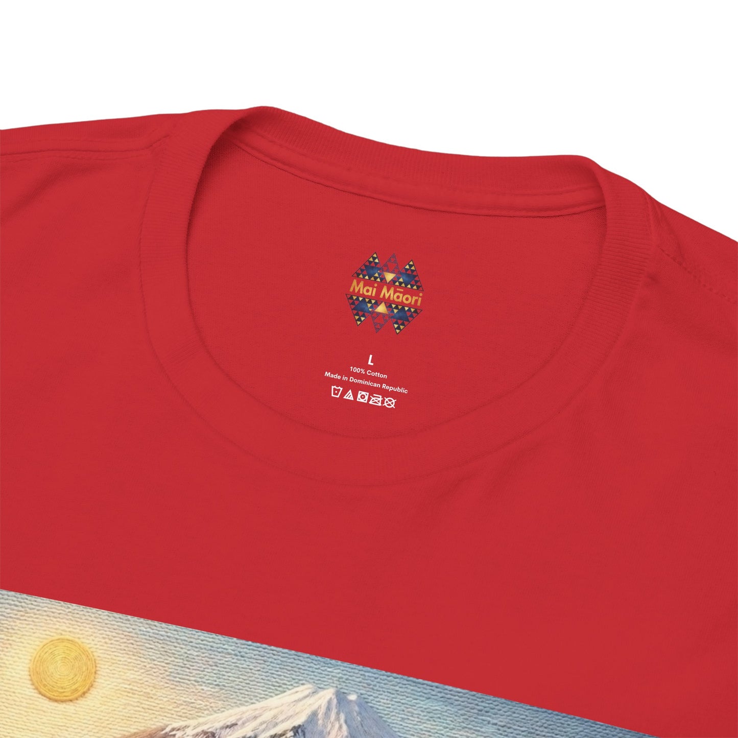 Red T-shirt close-up: crew neck with small chest logo and printed size label