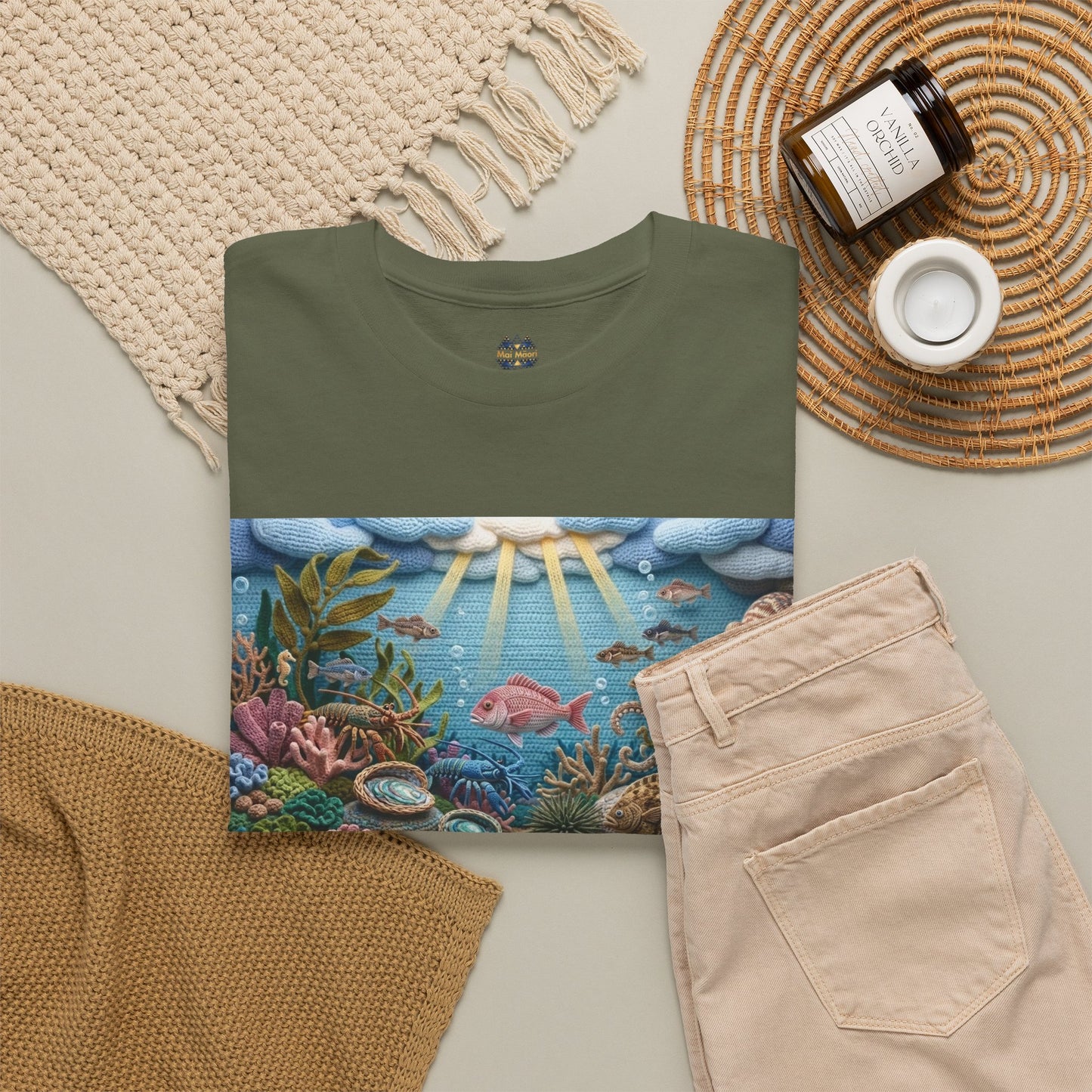 Olive T-shirt with undersea rectangular front graphic, crew neck, short sleeves